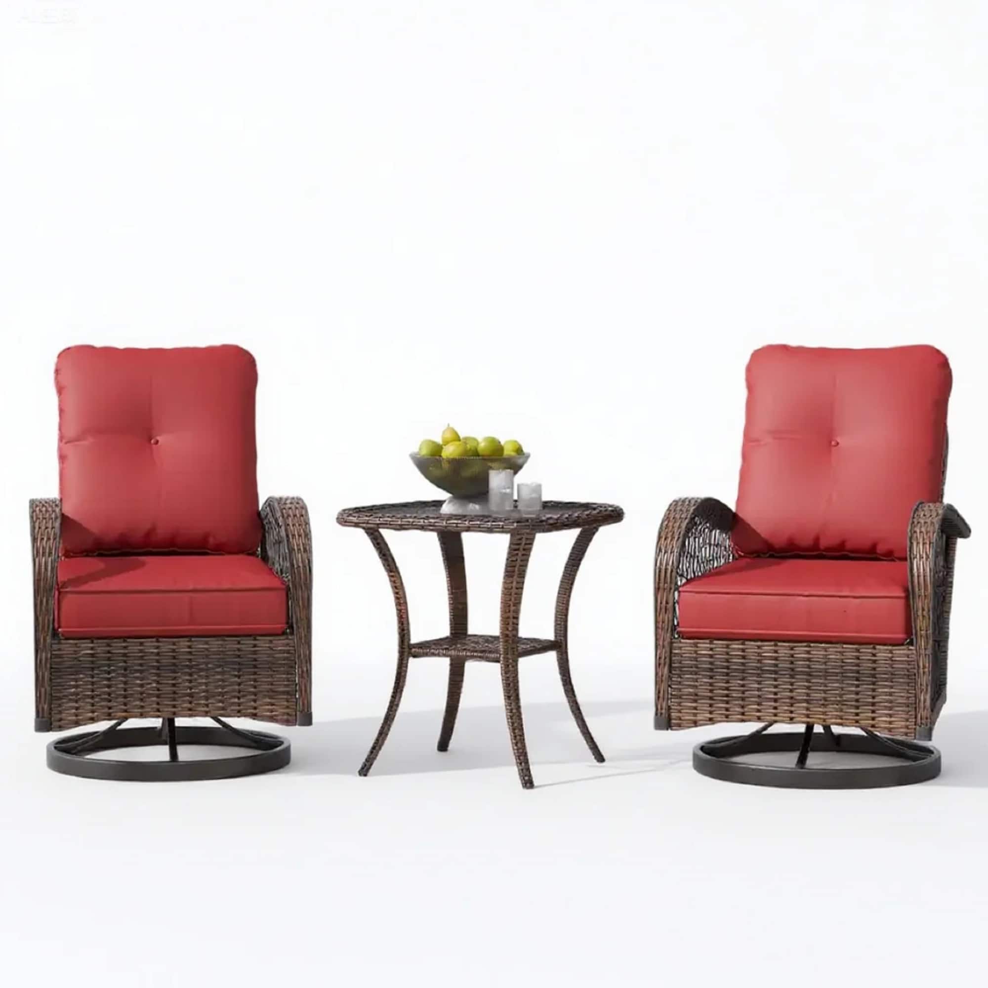 Front. U-HOMY - Outdoor Swivel Rocking Chair Set with Glass Table - Wine Red.
