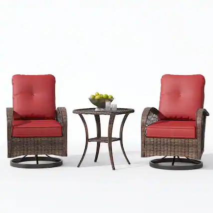 Front. U-HOMY - Outdoor Swivel Rocking Chair Set with Glass Table - Wine Red.