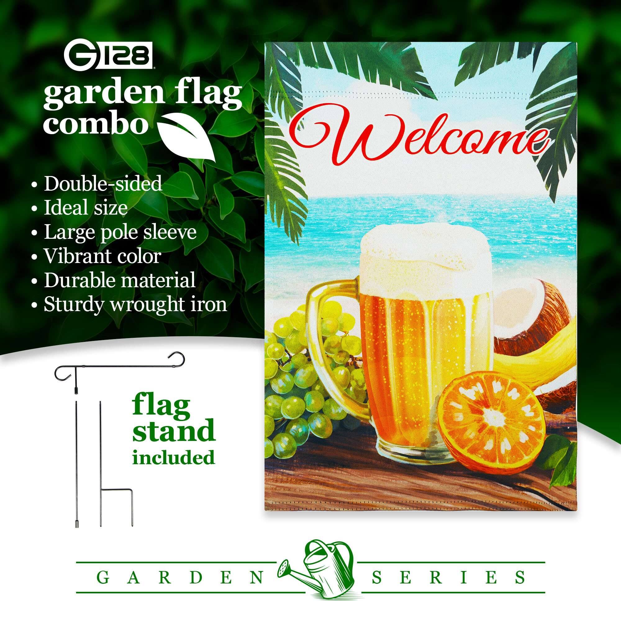 GI28 garden flag combo  
- Double-sided  
- Ideal size  
- Large pole sleeve  
- Vibrant color  
- Durable material  
- Sturdy wrought iron flag stand included  

Welcome  

GARDEN SERIES
