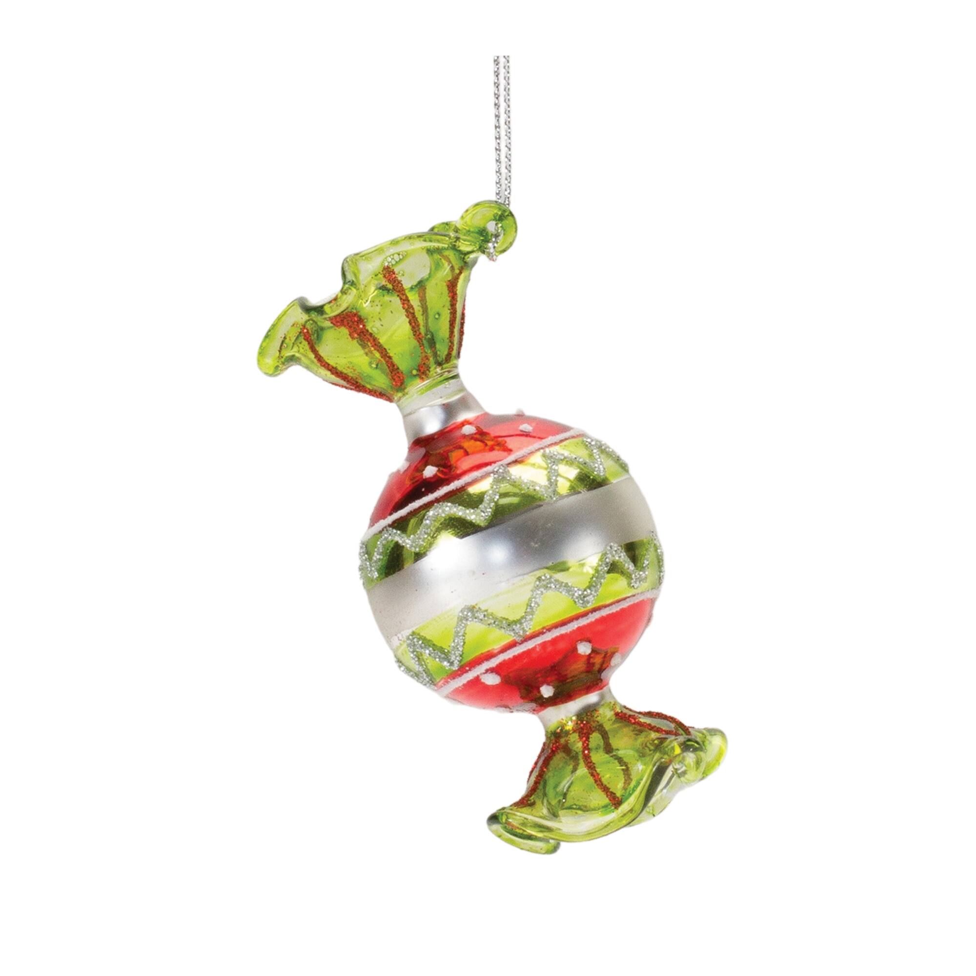 Back. BreeBe - Glass Wrapped Candy Ornament (Set of 12) - Red, White, Green.