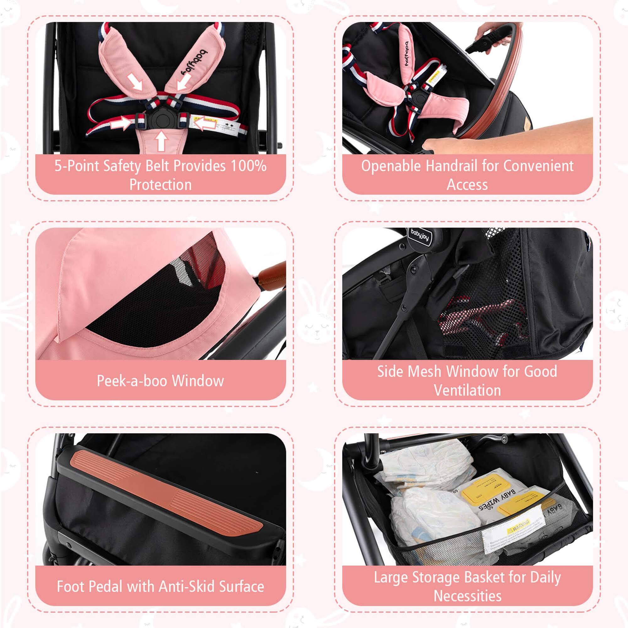 Babyjo-I
5-Point Safety Belt Provides 100% Protection
Openable Handrail for Convenient Access
Peek-a-boo Window
Side Mesh Window for Good Ventilation
Foot Pedal with Anti-Skid Surface
Large Storage Basket for Daily Necessities