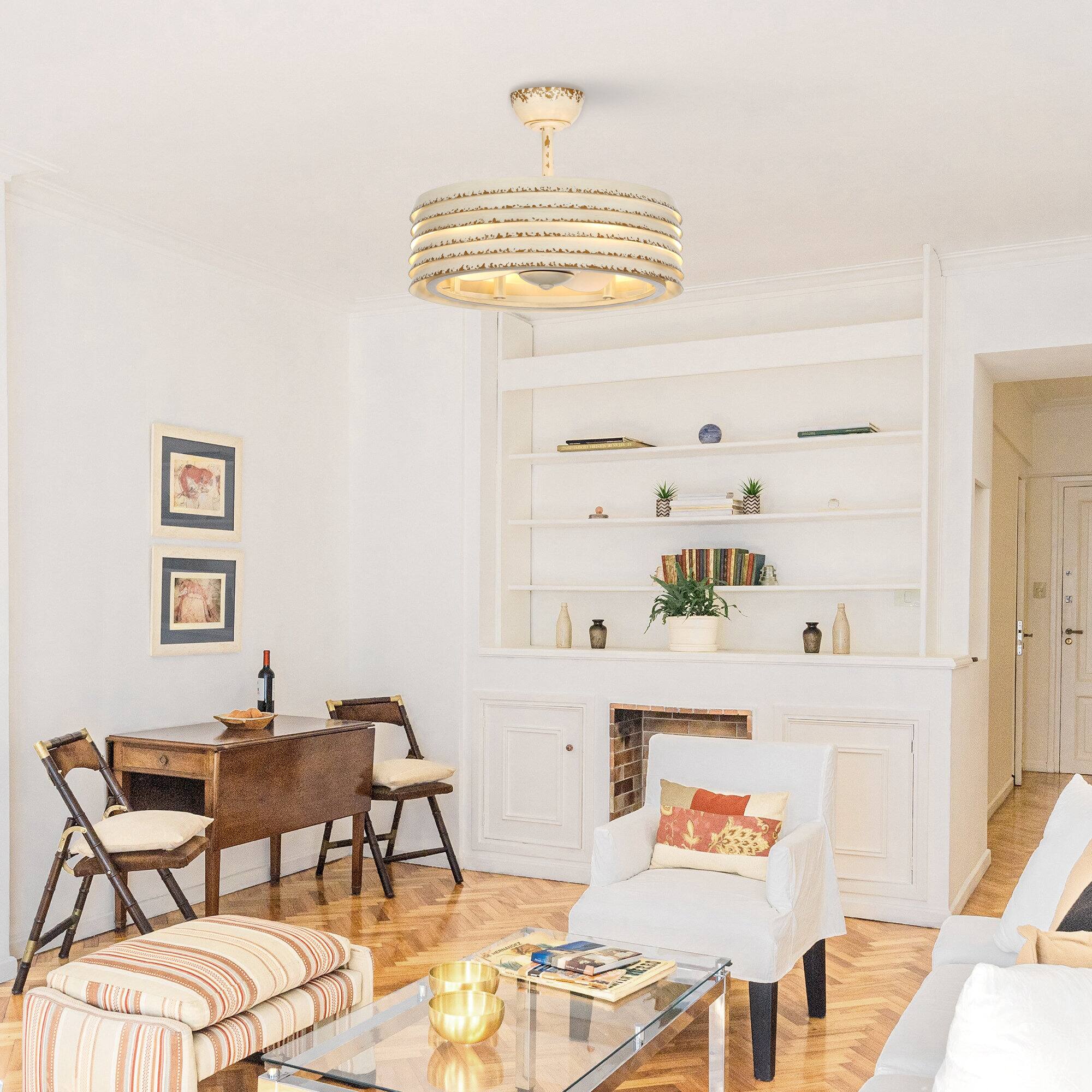 Angle. Parrot Uncle - 24" Rustic White Cage Ceiling Fan with Remote Control - Beige.