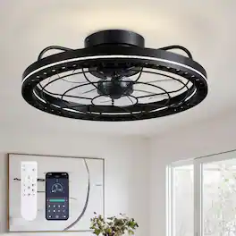 Siljoy - 18.9-inch Iron Cage Flush Mount LED Ceiling Fan, 6-Speed Reversible Fan with Remote APP for Bedroom Living Room - Black