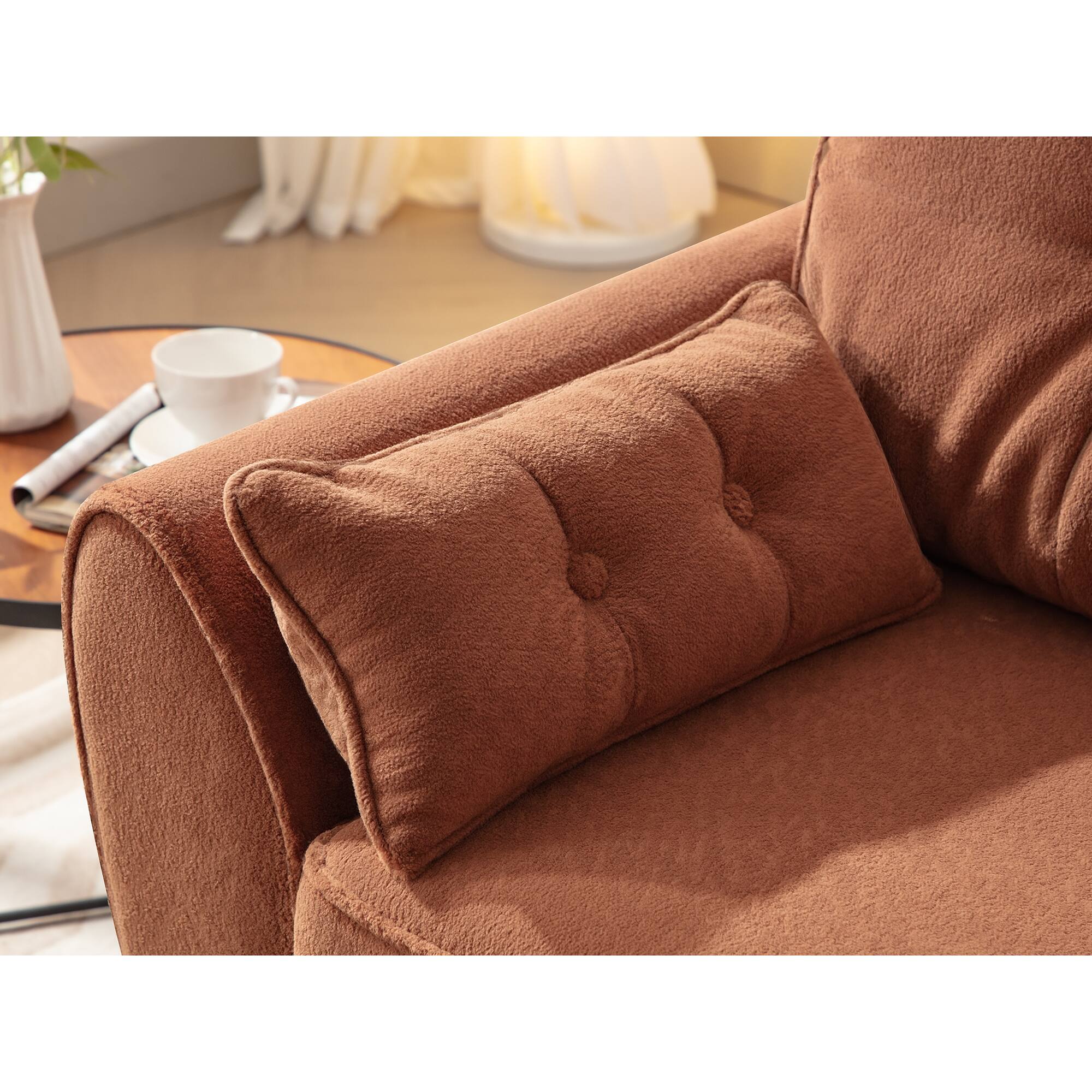 Angle. KERDOM - Soft Teddy Fleece Loveseat Futon Small Couch for Apt, Office, Deep Seat Sofa Bed, Fluffy Thick Back Cushion, Arms Pillow - Brown.