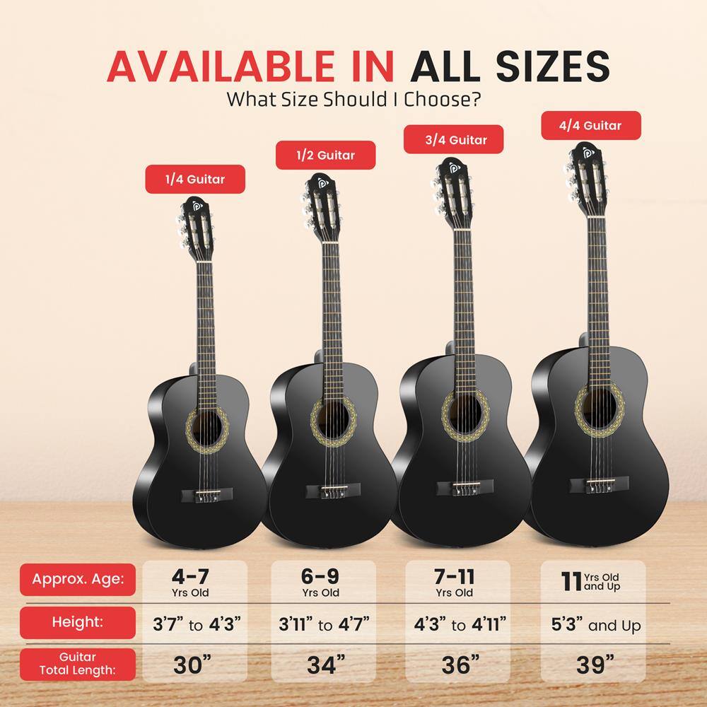 AVAILABLE IN ALL SIZES

What Size Should I Choose?

1/4 Guitar  
Approx. Age: 4-7 Yrs Old  
Height: 3'7" to 4'3"  
Guitar Total Length: 30"

1/2 Guitar  
Approx. Age: 6-9 Yrs Old  
Height: 3'11" to 4'7"  
Guitar Total Length: 34"

3/4 Guitar  
Approx. Age: 7-11 Yrs Old  
Height: 4'3" to 4'11"  
Guitar Total Length: 36"

4/4 Guitar  
Approx. Age: 11 Yrs Old and Up  
Height: 5'3" and Up  
Guitar Total Length: 39"