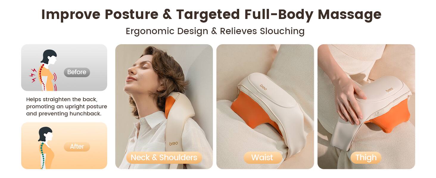 Improve Posture & Targeted Full-Body Massage  
Ergonomic Design & Relieves Slouching  

Helps straighten the back, promoting an upright posture and preventing hunchback.  

Before  
After  

Neck & Shoulders  
Waist  
Thigh