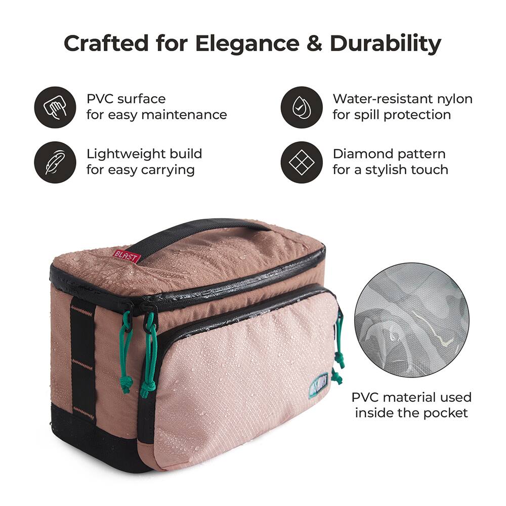 Crafted for Elegance & Durability

- PVC surface for easy maintenance
- Lightweight build for easy carrying
- Water-resistant nylon for spill protection
- Diamond pattern for a stylish touch
- PVC material used inside the pocket