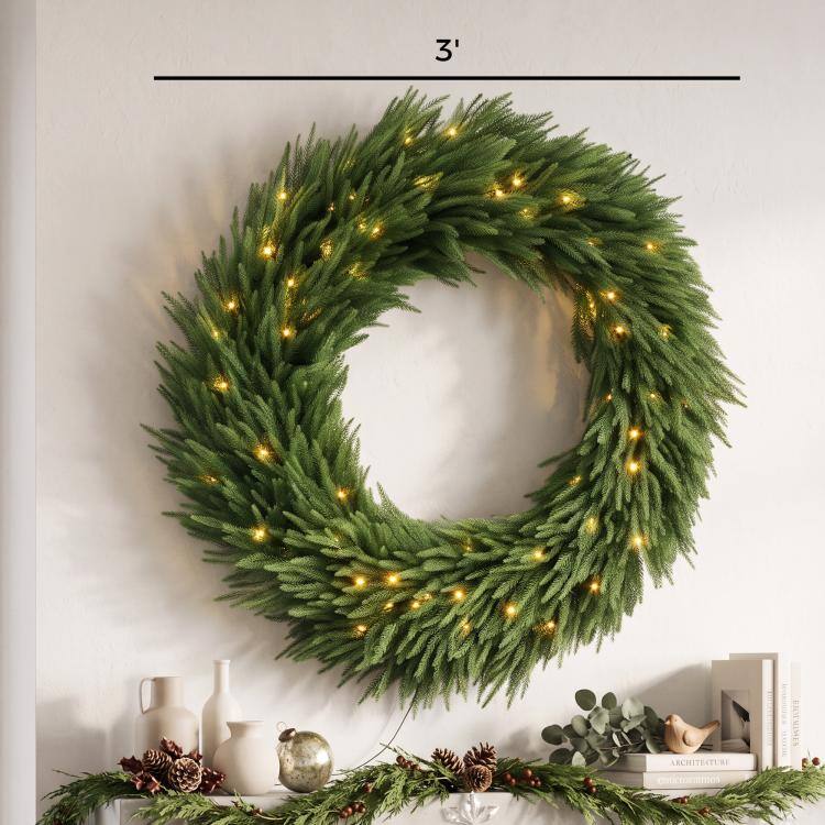 Alt View 3. PULUZ - Christmas Decoration, 36 in Pre-Lit Norfolk Pine Artificial Christmas Wreath with 100 LED Lights - Green.