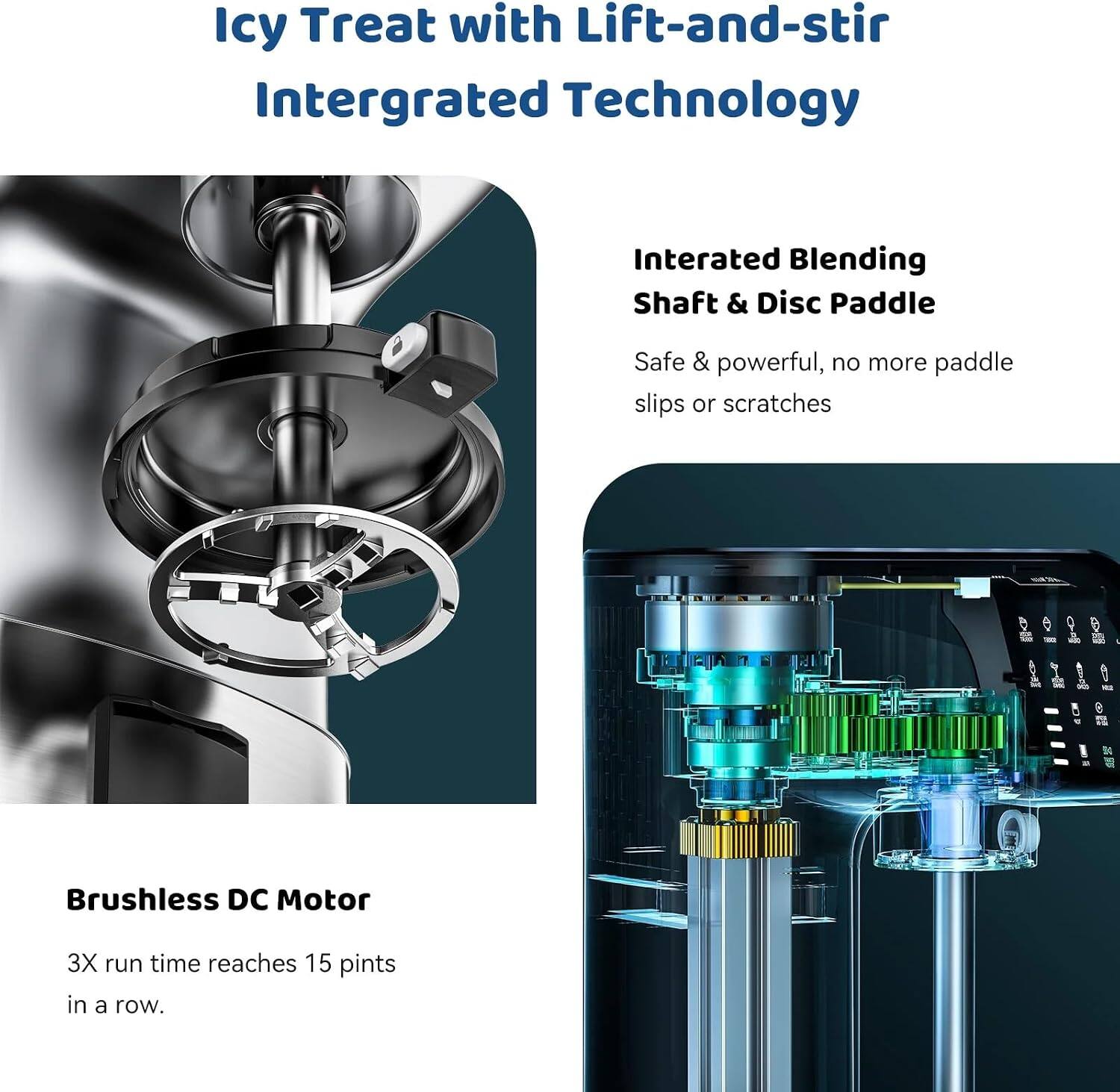 Icy Treat with Lift-and-stir Integrated Technology

Integrated Blending Shaft & Disc Paddle
Safe & powerful, no more paddle slips or scratches

Brushless DC Motor
3X run time reaches 15 pints in a row.