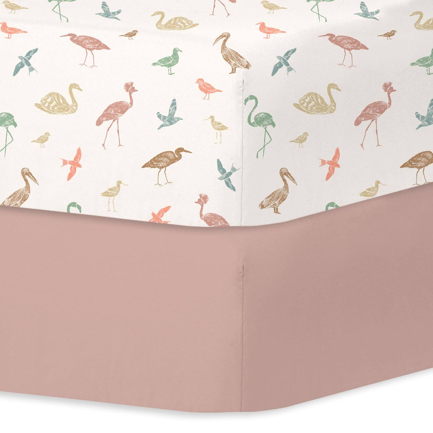 Front. MAGICAL RUBS - Sheets Girl 2 Pack Set 2 Bed Floral Print Fitted Sheet For Standard & Mattress Size 28 X 52 Inches Pink N - Wetland Birds Crib Sheets.