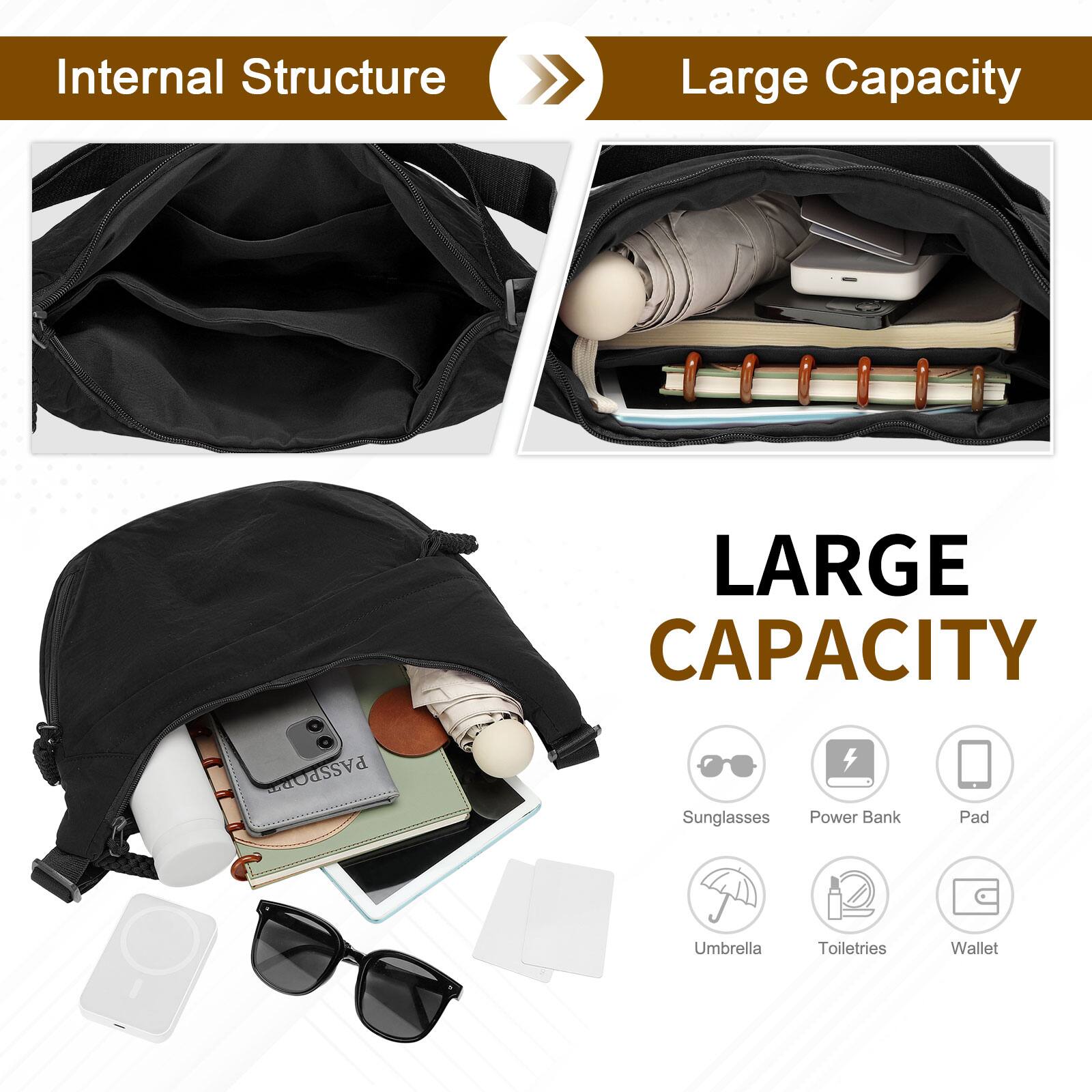Internal Structure Large Capacity

LARGE CAPACITY

- Sunglasses
- Power Bank
- Pad
- Umbrella
- Toiletries
- Wallet