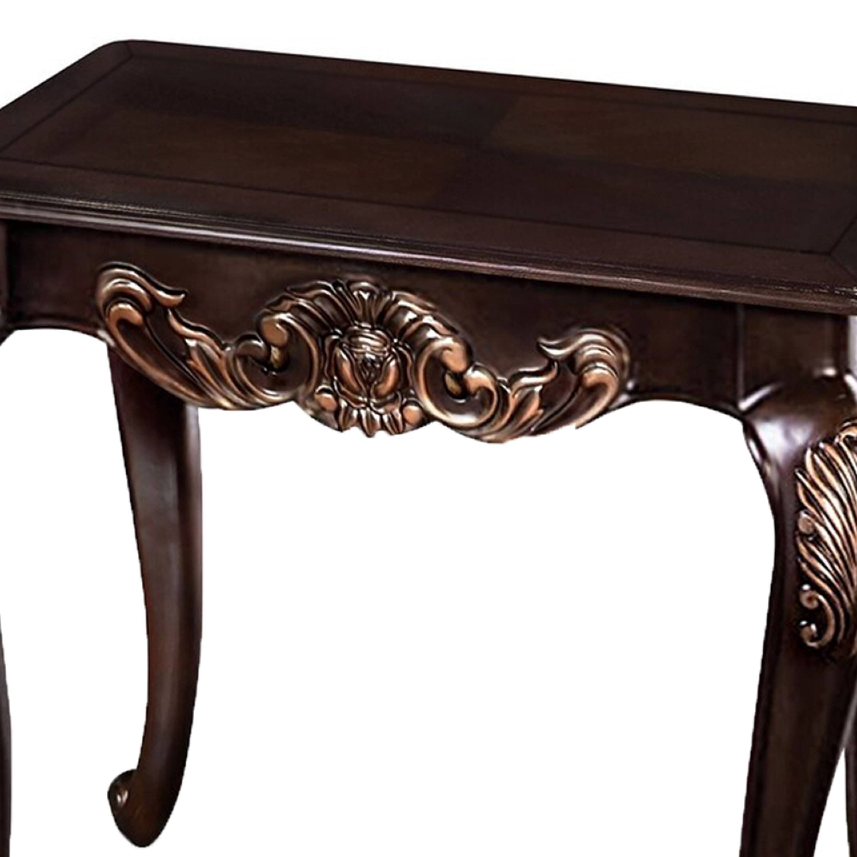 Alt View 1. Manhattan Lane - Astor End Table, 29 Inch Dark Cherry Brown Wood, Carved Details - Cherry Brown, Gold.