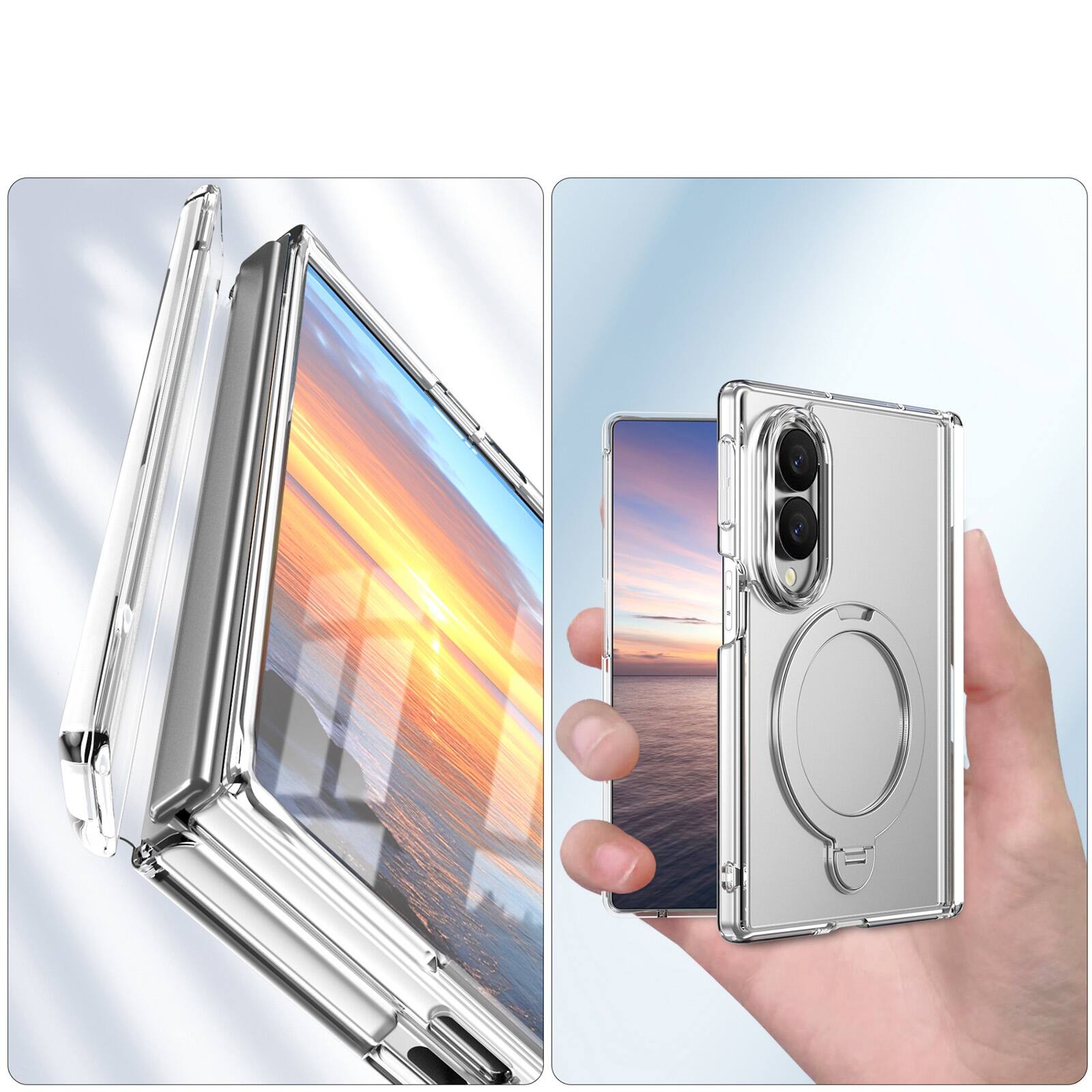 Alt View 2. Dteck - For Samsung Galaxy Z Fold8 Magnetic Case Built-in Screen Protector,Shockproof Ring Stand Clear Back Hinge Protect Cover - Clear.