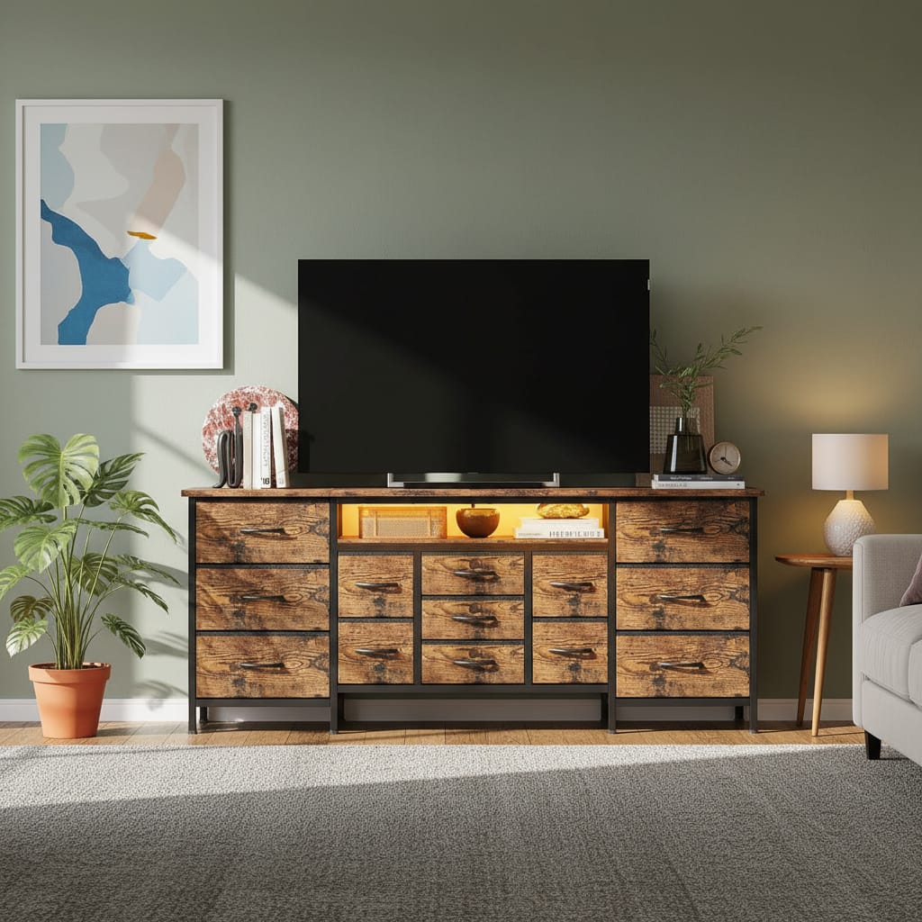GARVEE - 70 Inch Long Dresser TV Stand, Wide 13 Chest, up to 80 Inch - Rustic Brown