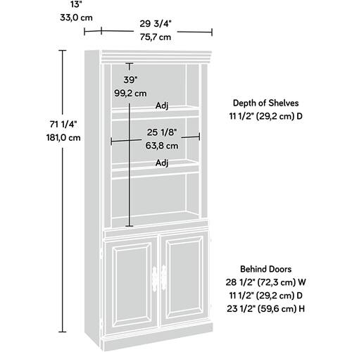 Sure, here is the corrected and grouped text:

- **Height:** 71 1/4" (181.0 cm)
- **Width:** 33" (83.8 cm)
- **Depth:** 29 3/4" (75.7 cm)
- **Tall Section Height:** 39" (99.2 cm)
- **Adjustable Section Height:** 25 1/8" (63.8 cm)
- **Depth of Shelves:** 11 1/2" (29.2 cm)
- **Behind Doors:**
  - **Width:** 28 1/2" (72.3 cm)
  - **Depth:** 11 1/2" (29.2 cm)
  - **Height:** 23 1/2" (59.6 cm)