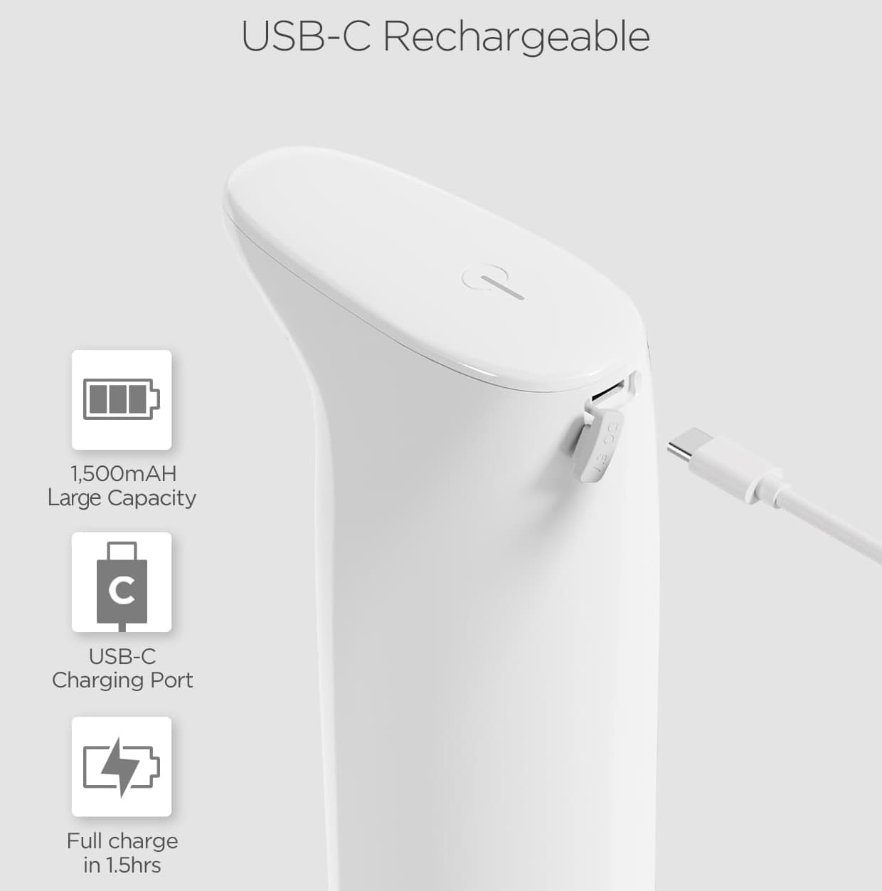 USB-C Rechargeable

1,500mAh Large Capacity

USB-C Charging Port

Full charge in 1.5hrs