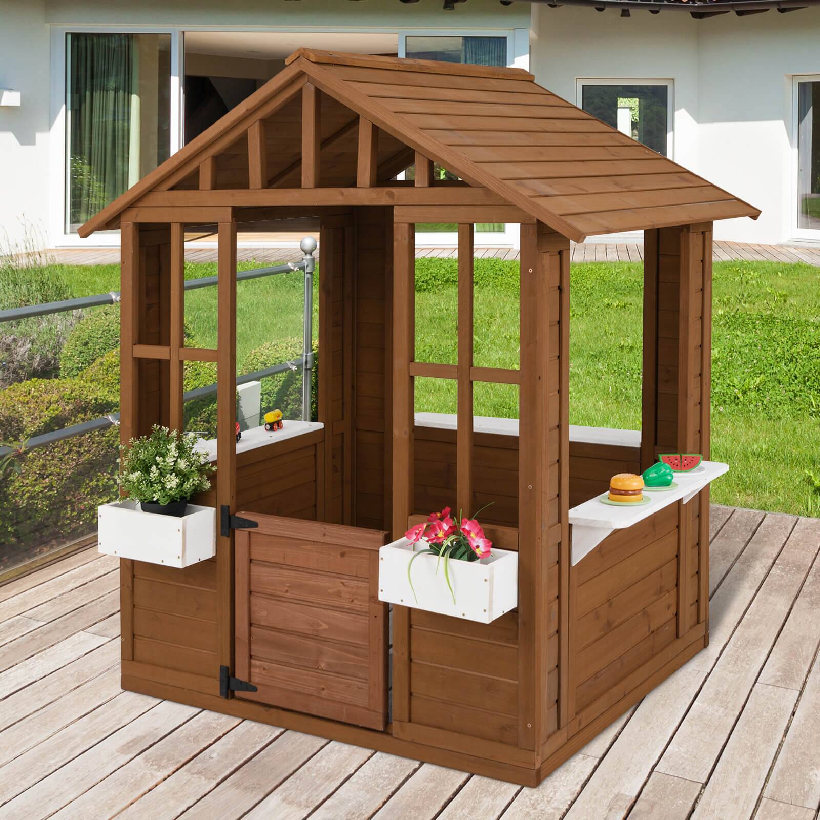 Alt View 1. Costway - Costway Outdoor Playhouse Wood Adventures Cottage with Serving Stations & Door - Beige.