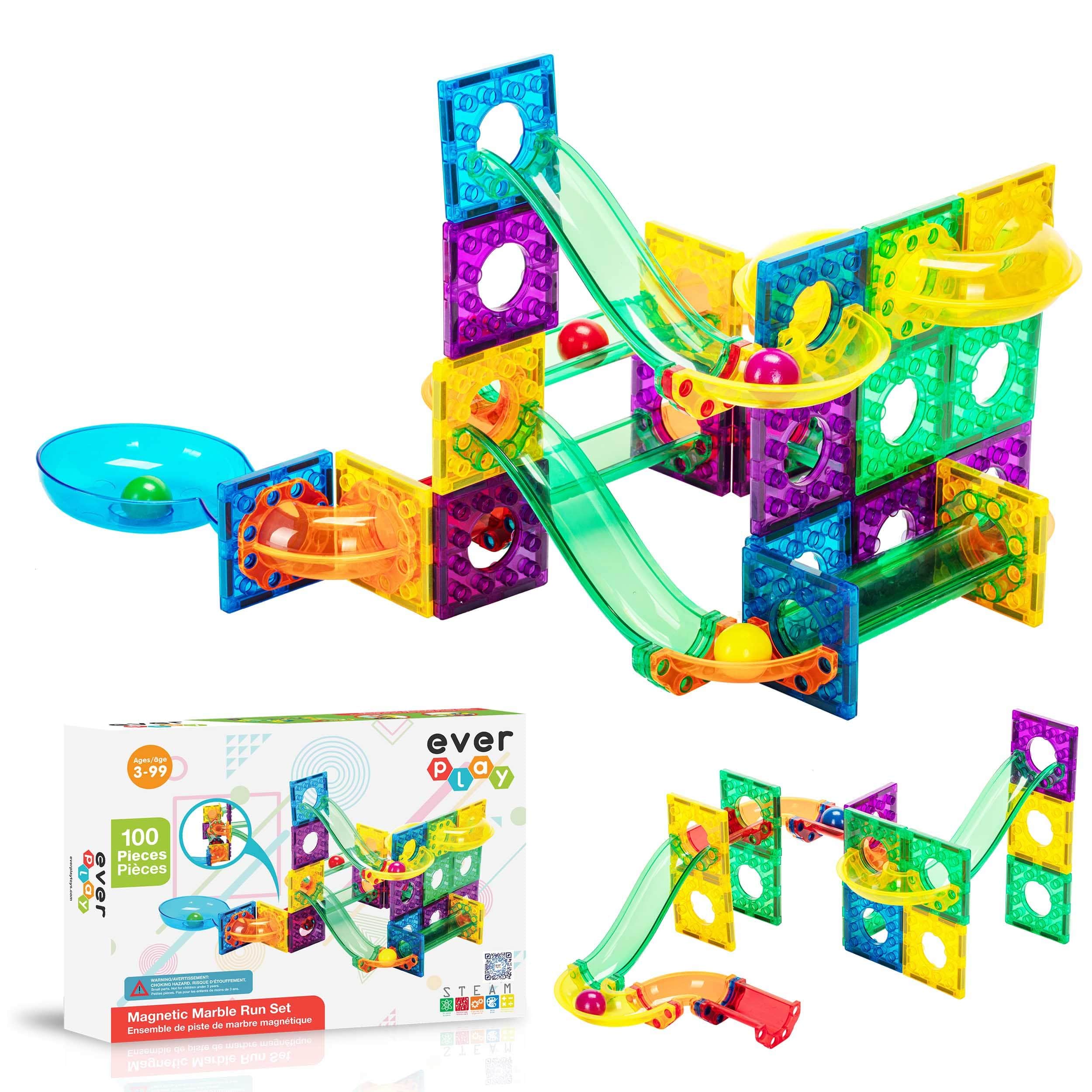 Everplay - Everyplay Marble Run Magnetic Tiles for Kids, 100PCS, Construction Magnet Tiles Race Track Building Blocks STEM Toy - Multicolor