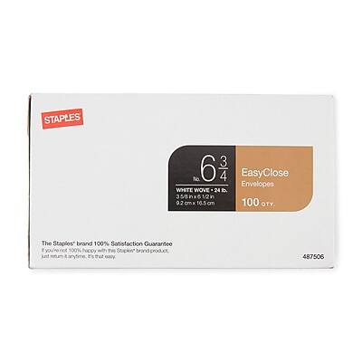 STAPLES  
3 No 6 4 EasyClose Envelopes  
WHITE WOVE - 24 B  
3 5/8 in x 1/2 9.2 cm x 16.5 cm  
100 QTY  

The Staples* brand 100% Satisfaction Guarantee  
If you're not 100% happy with this Staples brand product, just return it anytime. That's that easy.  

487506