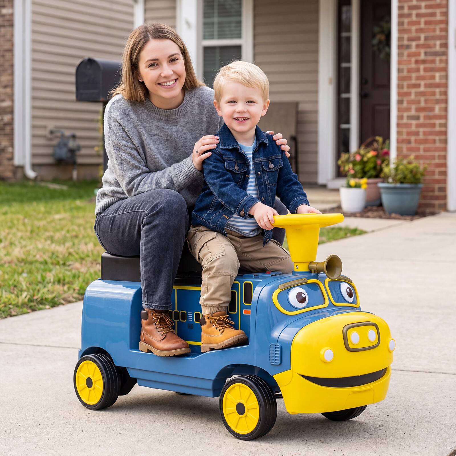 Alt View 3. Costway - Costway 12V Battery Powered Ride on Train, Trackless Kids Ride on Toy with Storage Space - Yellow & Blue.
