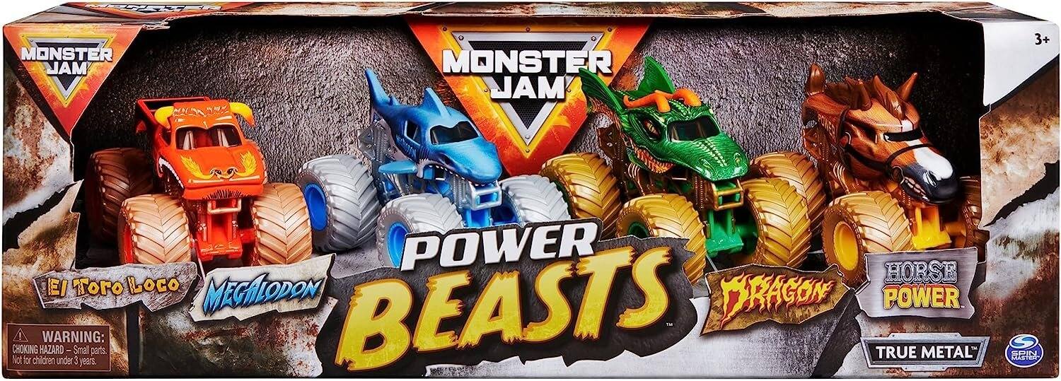 MONSTER JAM  
POWER BEASTS  

El Toro Loco  
Megalodon  
Dragon  
Horse Power  

WARNING:  
CHOKING HAZARD - Small parts. Not for children under 3 years.  

TRUE METAL  
SPIN MASTER  

3+