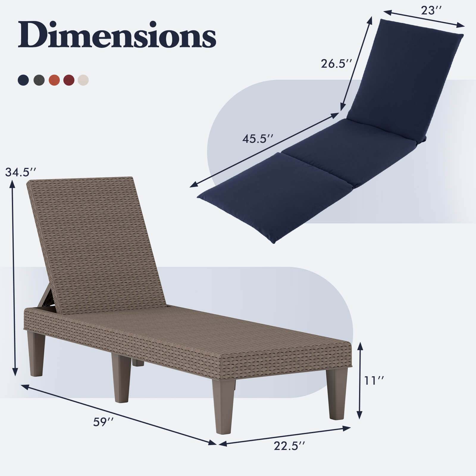 Dimensions: 26.5" x 23" x 45.5" x 34.5" x 11" x 59" x 22.5"