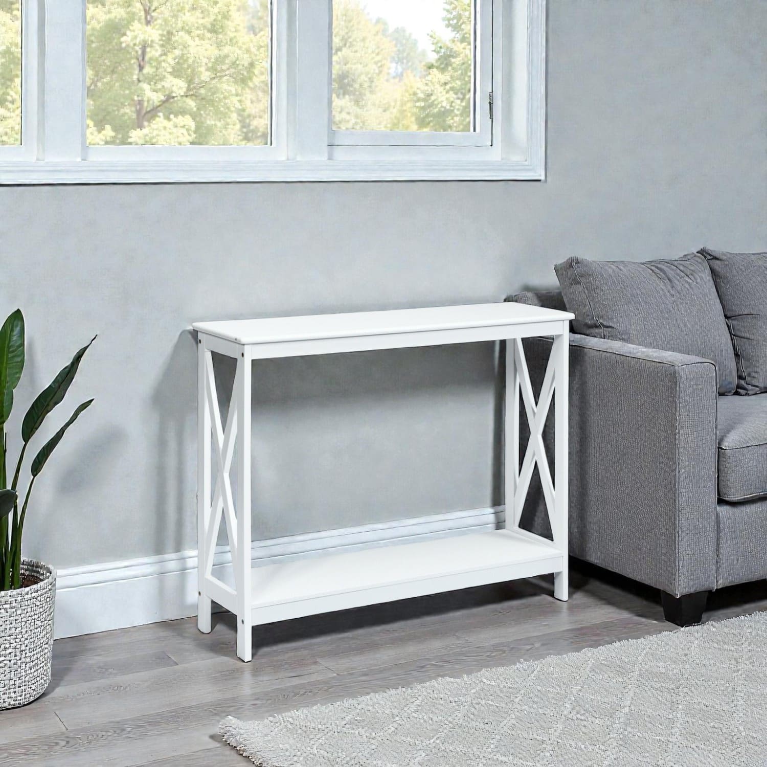 Hivvago - Functional 2-Tier Accent Table with X-Design for Sofa or Entryway - White