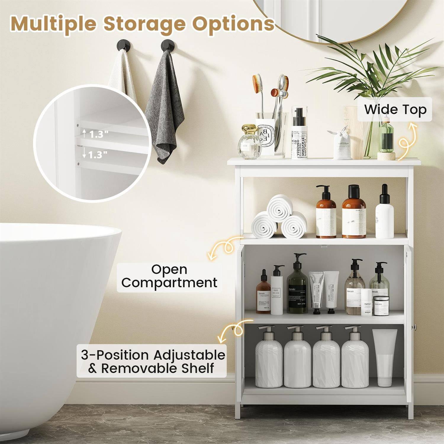 Multiple Storage Options

- Wide Top
- 1.3" Open Compartment
- 3-Position Adjustable & Removable Shelf