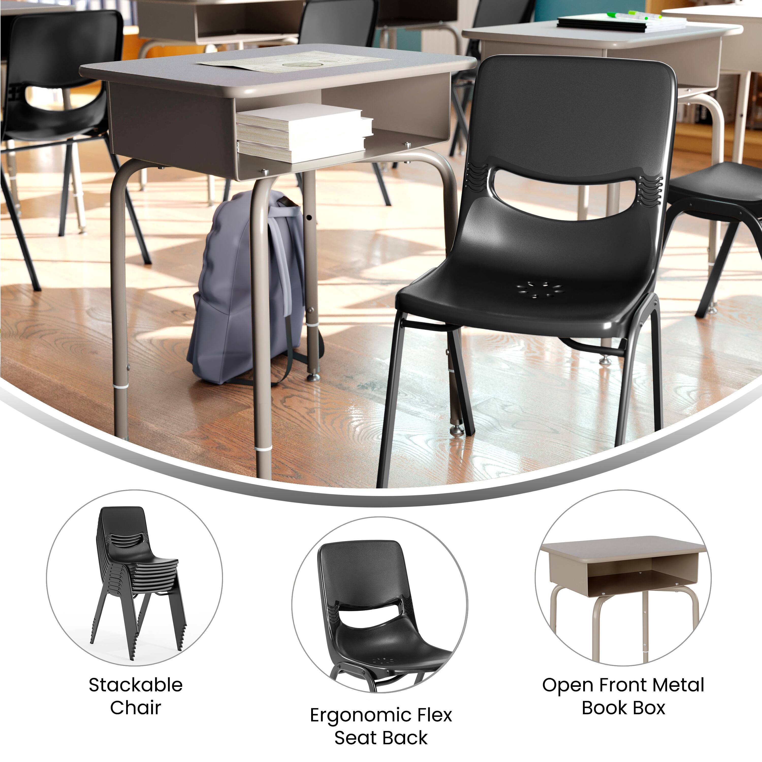 Stackable Chair  
Ergonomic Flex Seat Back  
Open Front Metal Book Box