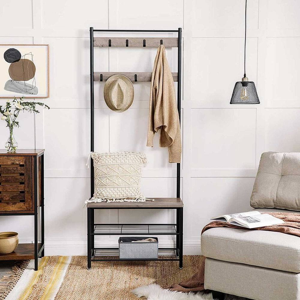 Angle. Hivvago - Hivvago Modern Industrial Black Grey Entryway Coat Rack Shoe Bench with 2 Shelves - Greige, Black.