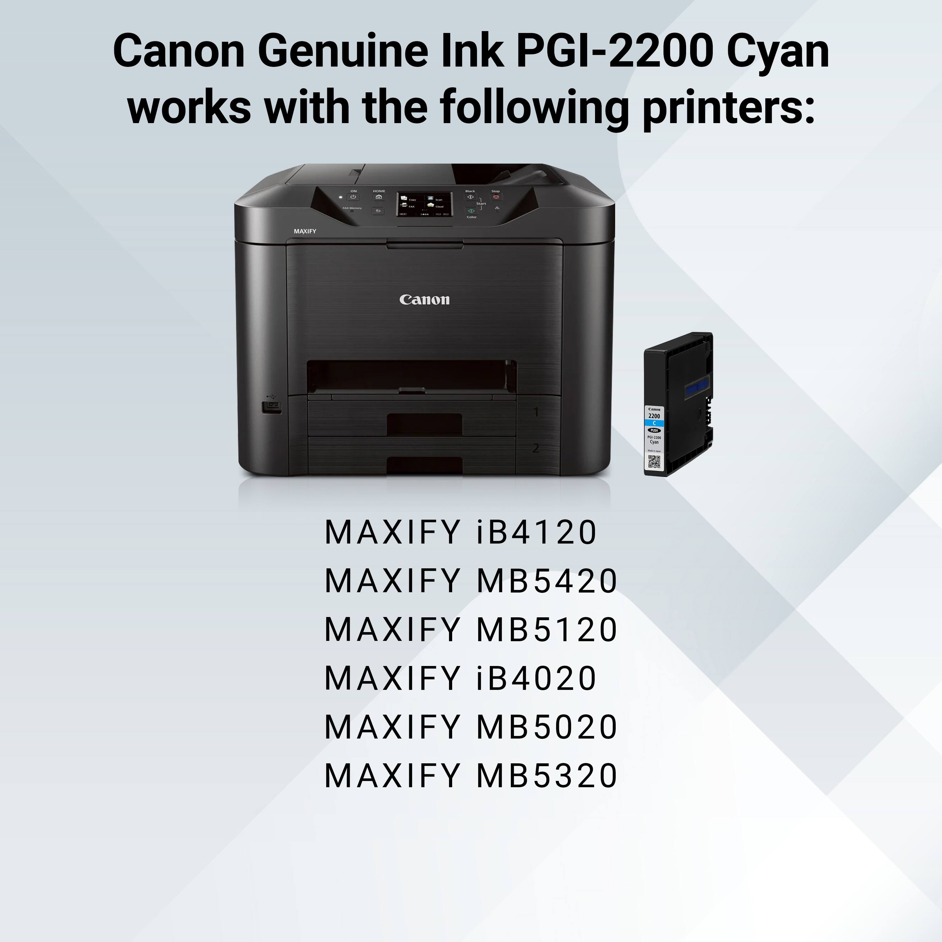 Canon Genuine Ink PGI-2200 Cyan works with the following printers:

- MAXIFY iB4120
- MAXIFY MB5420
- MAXIFY MB5120
- MAXIFY iB4020
- MAXIFY MB5020
- MAXIFY MB5320