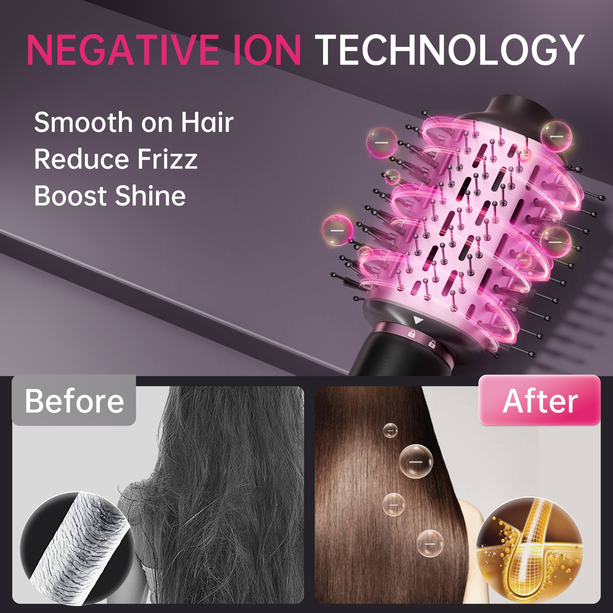 NEGATIVE ION TECHNOLOGY

Smooth on Hair  
Reduce Frizz  
Boost Shine  

Before  
After