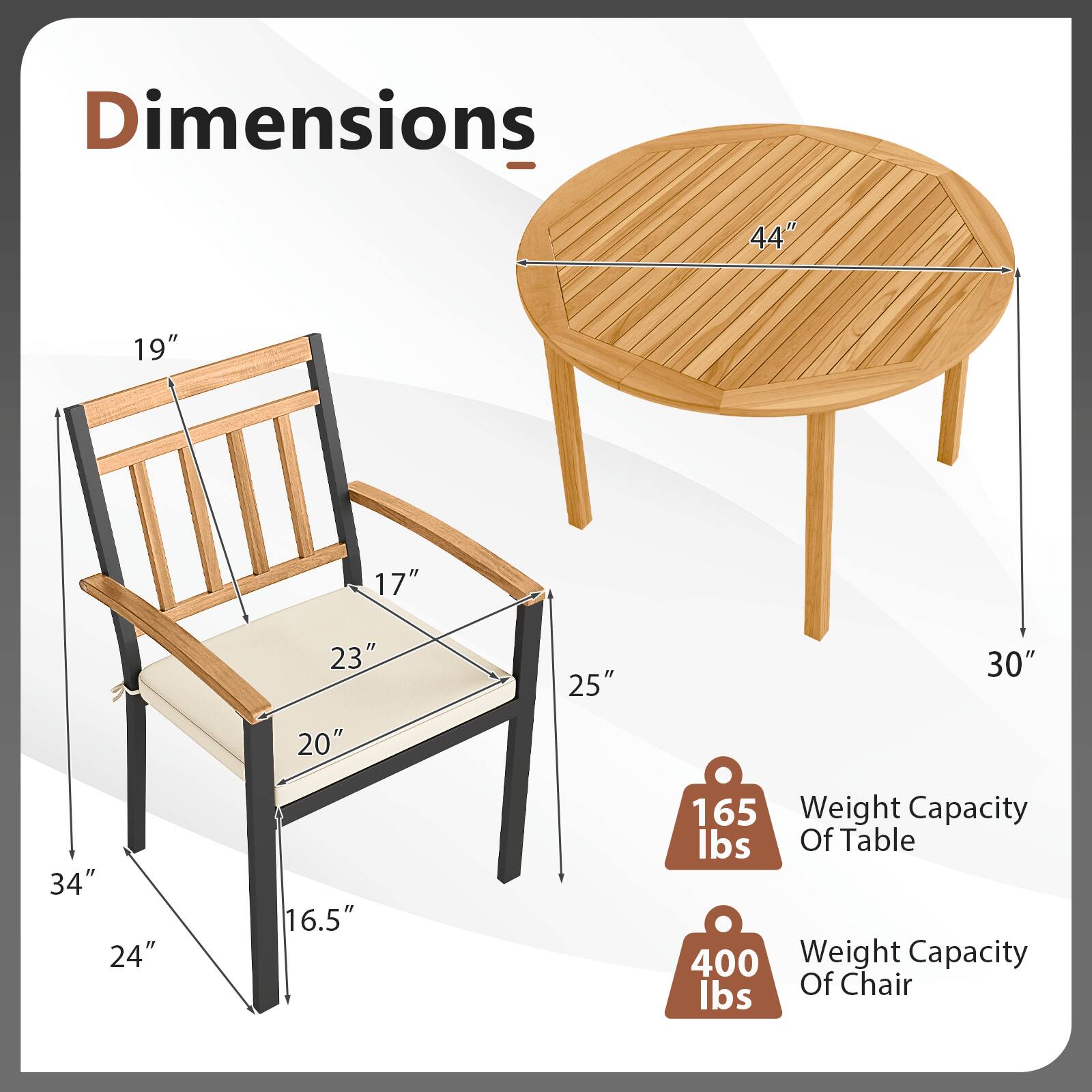 Dimensions:  
- Table: 44" diameter, 30" height  
- Chair: 19" width, 17" depth, 23" seat height, 20" seat width, 34" overall height, 24" leg width, 16.5" leg height  

Weight Capacity:  
- Table: 165 lbs  
- Chair: 400 lbs