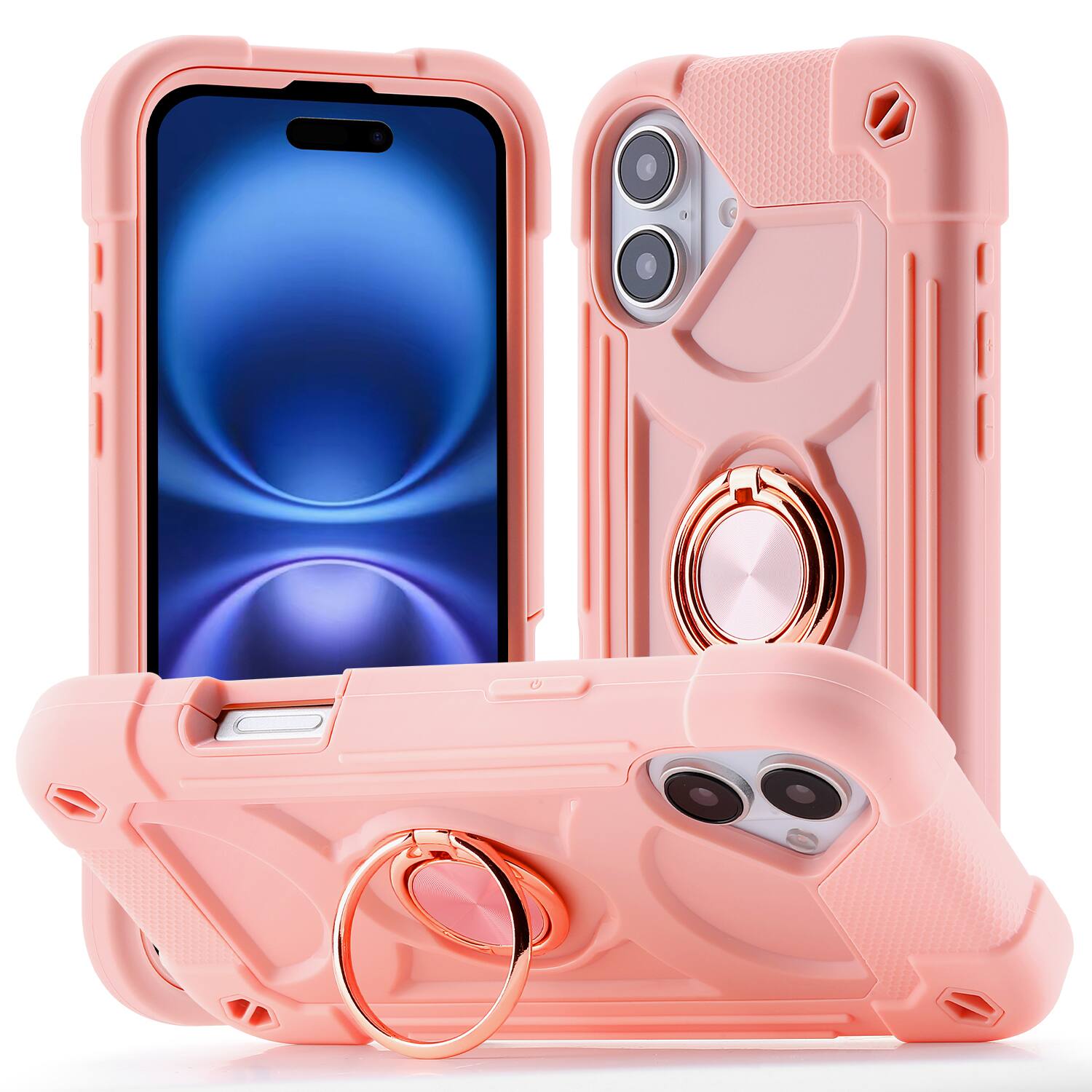 Front. UUCOVER - Rugged Protective Case for Apple iPhone 16,Shockproof Double Ring Stand Case Heavy Duty Silicone +PC Back Cover - Rosegold.