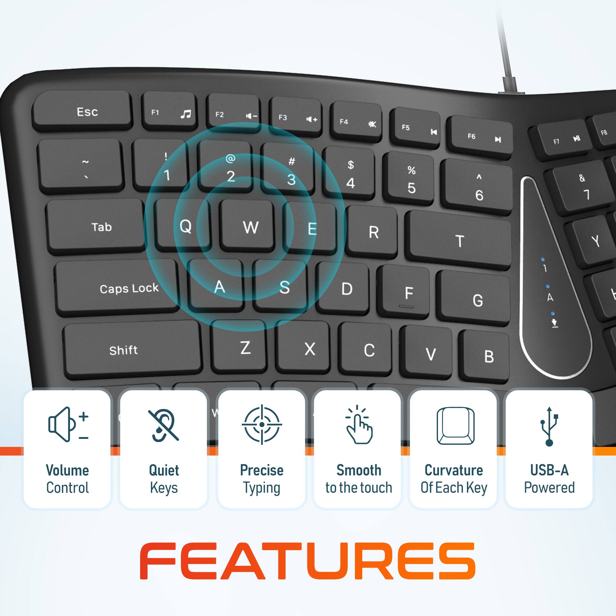 Esc - F1 ! 1 F2 @ 2 F3 # 3 F4 $ 4 F5 % 5 F6 ^ 6 F7 & 7 Tab Q W E R T Y Caps Lock A S D F G H A Shift Z X C V B Volume Control Quiet Keys Precise Typing Smooth to the touch Curvature Of Each Key USB-A Powered FEATURES