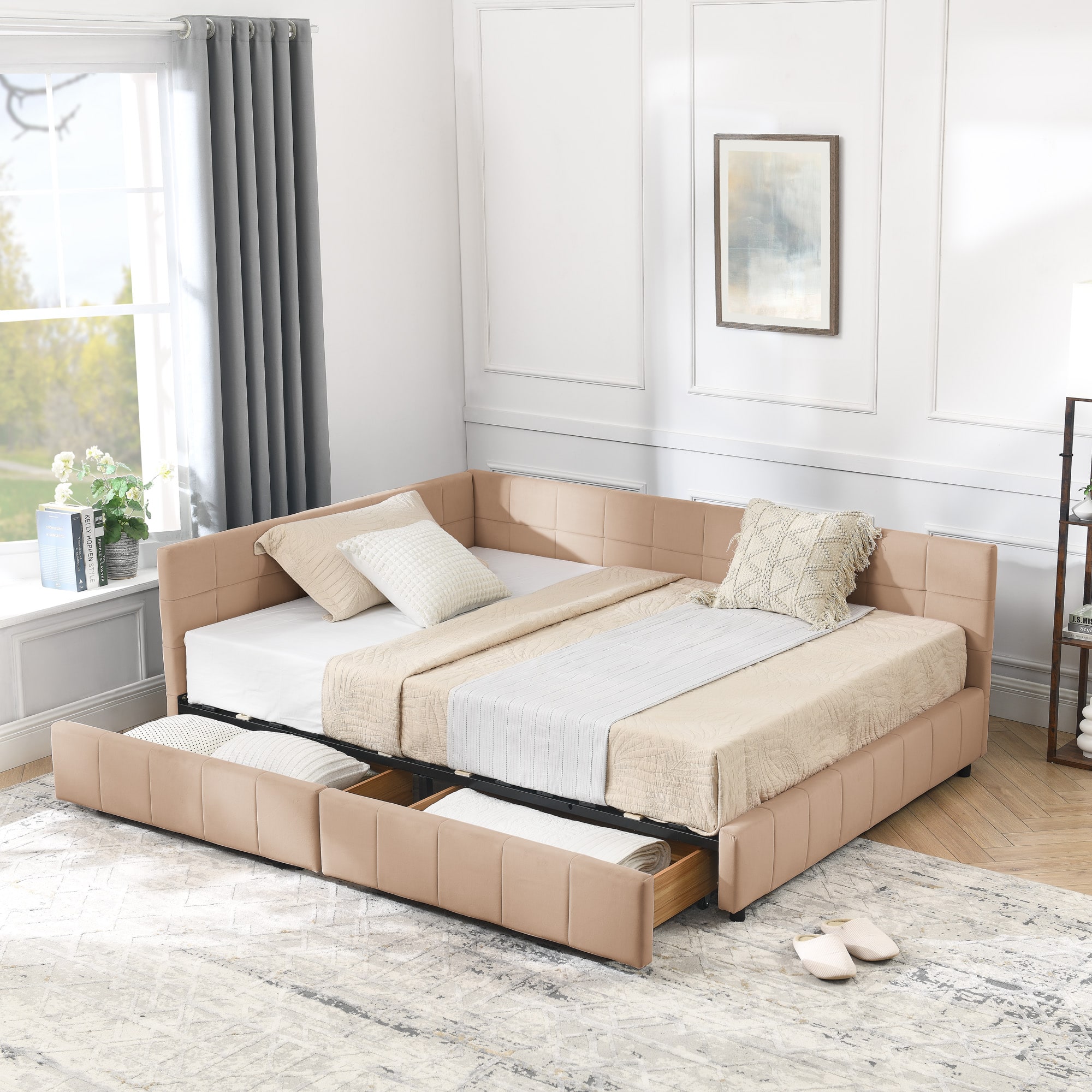 Anysun - Full Size Velvet Tufted Storage Bed Frame - Sofa Bed with Backrest & Armrests for Bedroom or Living Room - Pink