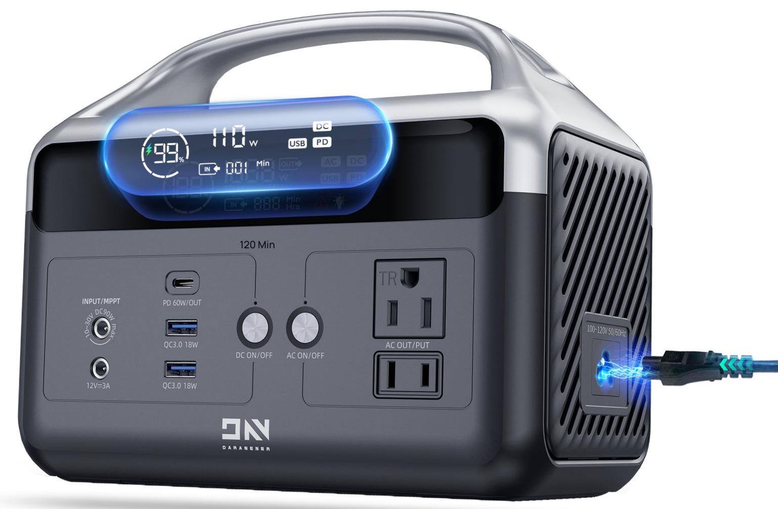 99 110 W  
Min IN UUI USB OUT W DC PD AC USB DC PD IN Min Hrs 120 Min TR INPUT/MPPT DC9OW - mar. PD 60W/OUT QC3.0 18W DC ON/OFF AC ON/OFF AC OUT/PUT 100-120V 50 60Hz 12V=3A QC3.0 18W ON DARANENER