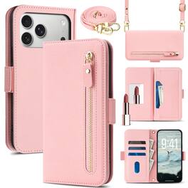 UUCOVER - Flip Wallet Case for Apple iPhone 17 Pro Max with Zipper Pocket, Cash Holder, RFID Card Slots, Mirror and Shoulder Strap - Pink