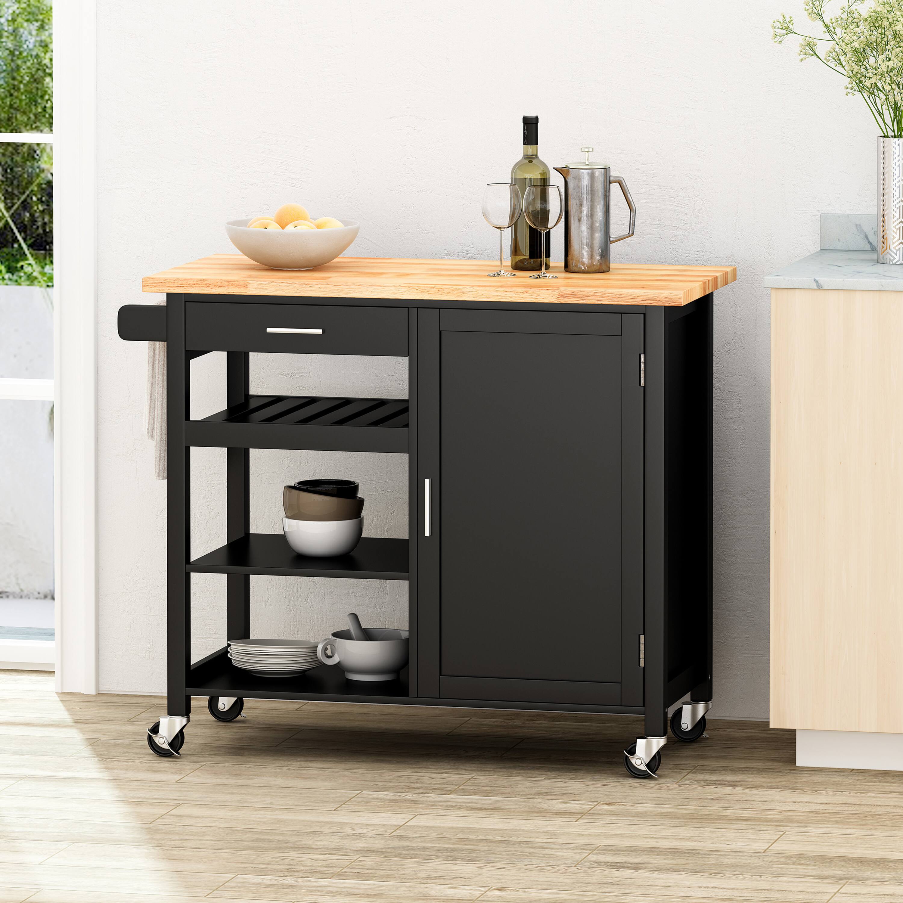 Front. APRILSOUL - Kitchen Island Cart with Solid Wood Storage Cabinet Rolling Kitchen Table with Spice Rack Towel Rack and Drawer Portable - Black.