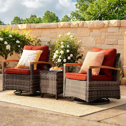 Front. Yardgrace - 3-Piece Outdoor Swivel Rocking Chairs Set, 360° Patio Furniture with Wood Armrests & Side Table for Deck Yard Poolside - Red.