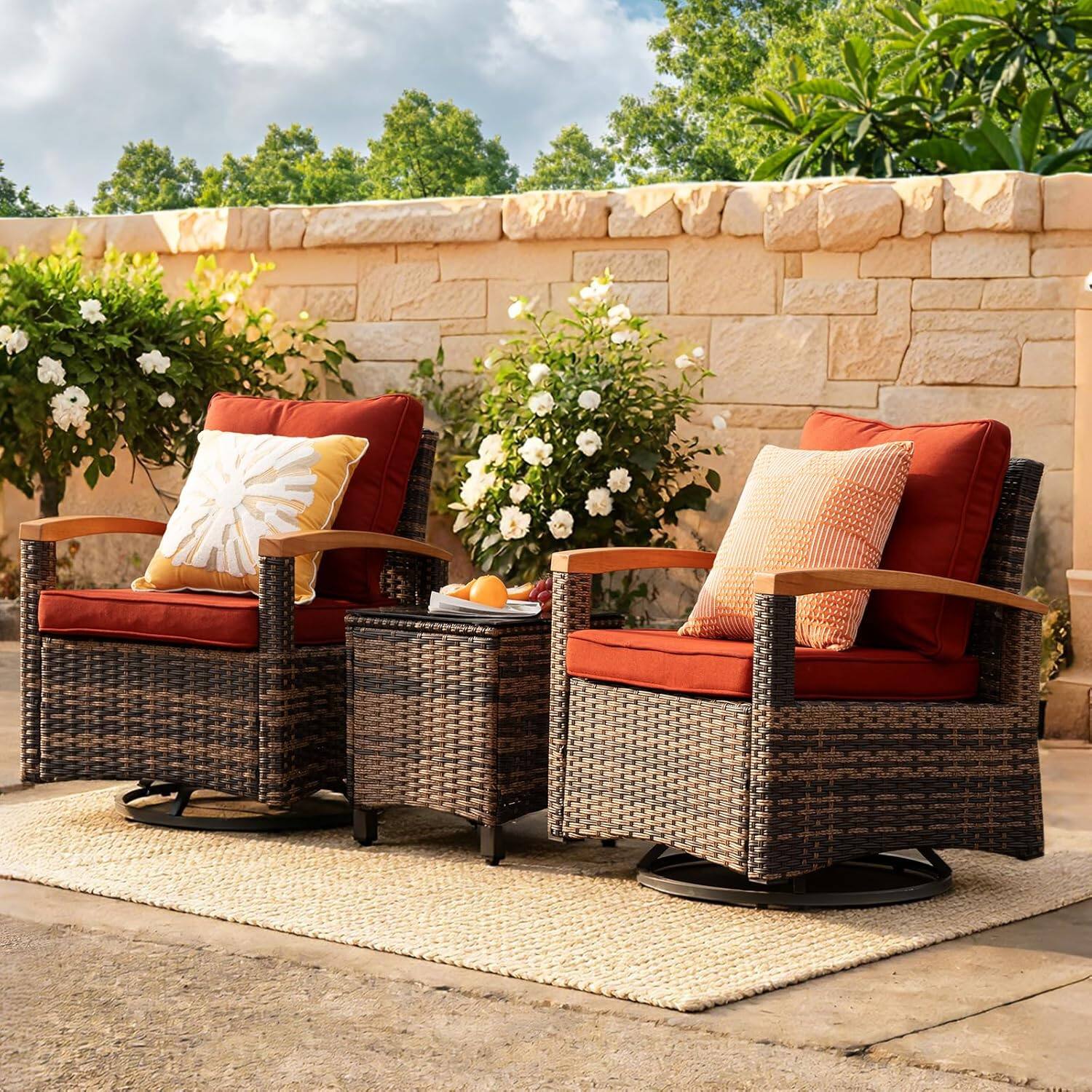 Front. Yardgrace - 3-Piece Outdoor Swivel Rocking Chairs Set, 360° Patio Furniture with Wood Armrests & Side Table for Deck Yard Poolside - Red.