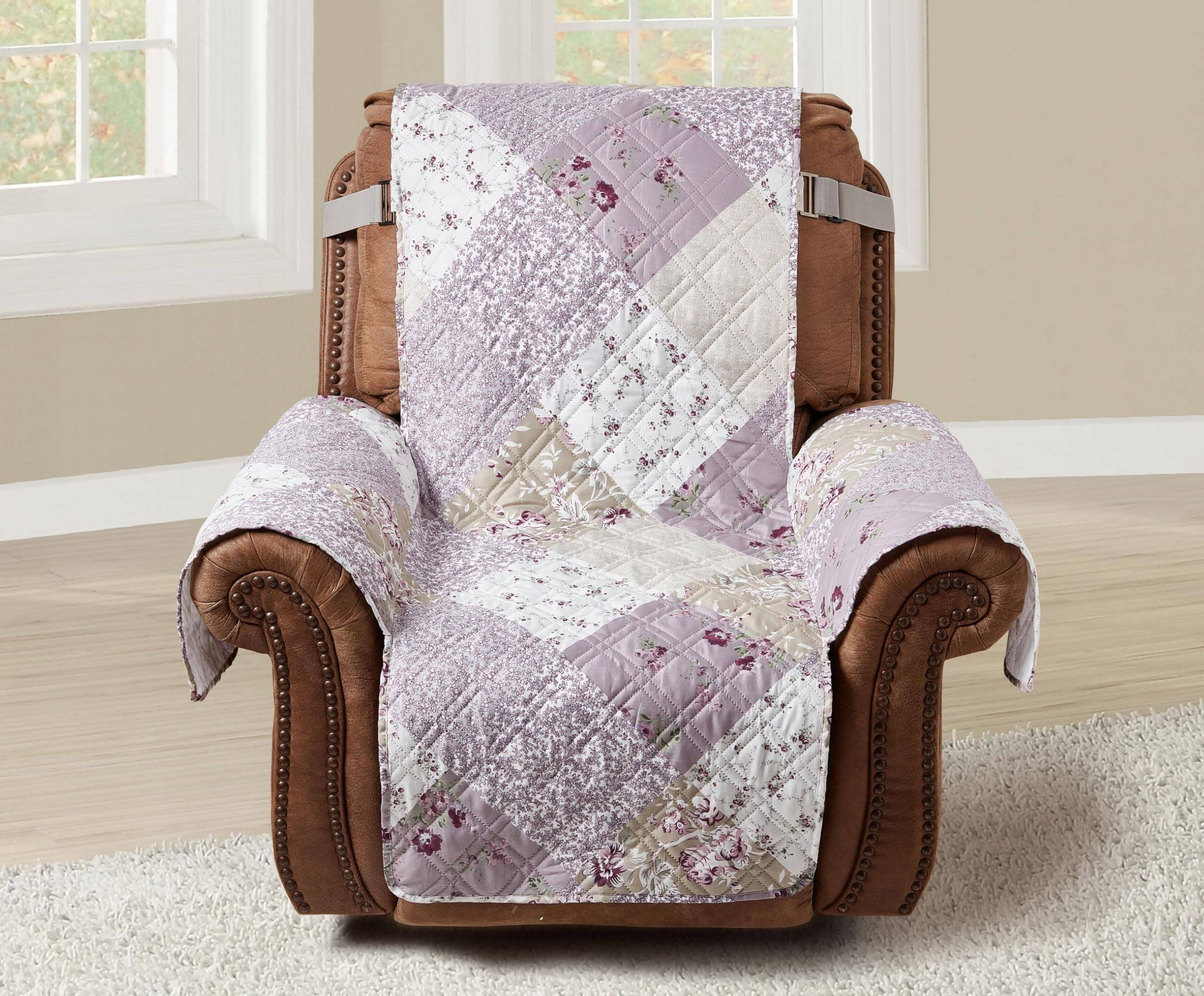Left. Fabibe - Lilac and Beige Rose Patchwork Quilted Large Recliner Slipcover, 28" Seat Width, Slip Resistant Furniture Protector - Blue Beige 28" Large Recliner.