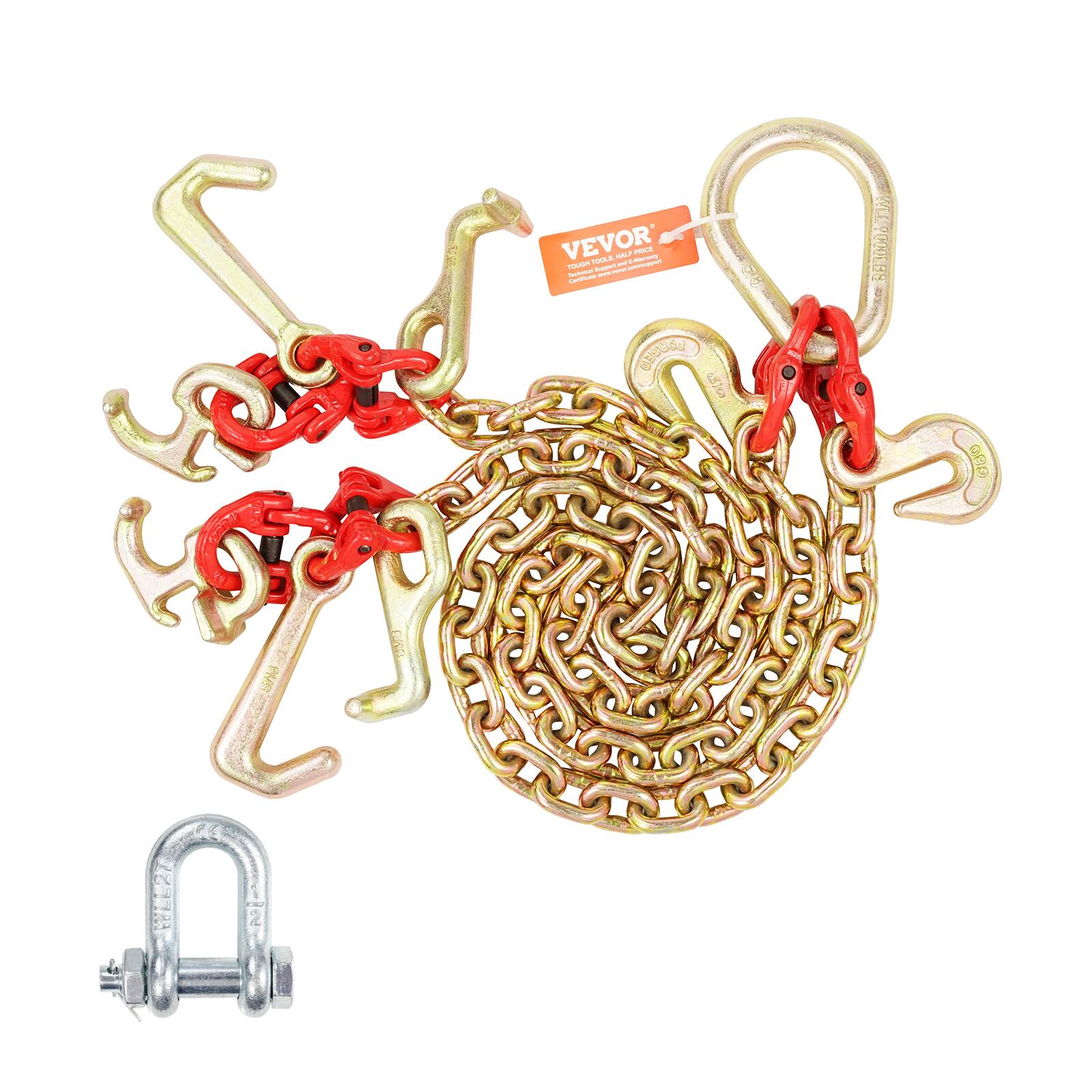 VEVOR - G80 V Bridle Chain, 5/16" x 3' Towing Chain Bridle with R Hooks, T Hooks, J Hooks and Grab Hooks, Transport Tow Chain - Copper