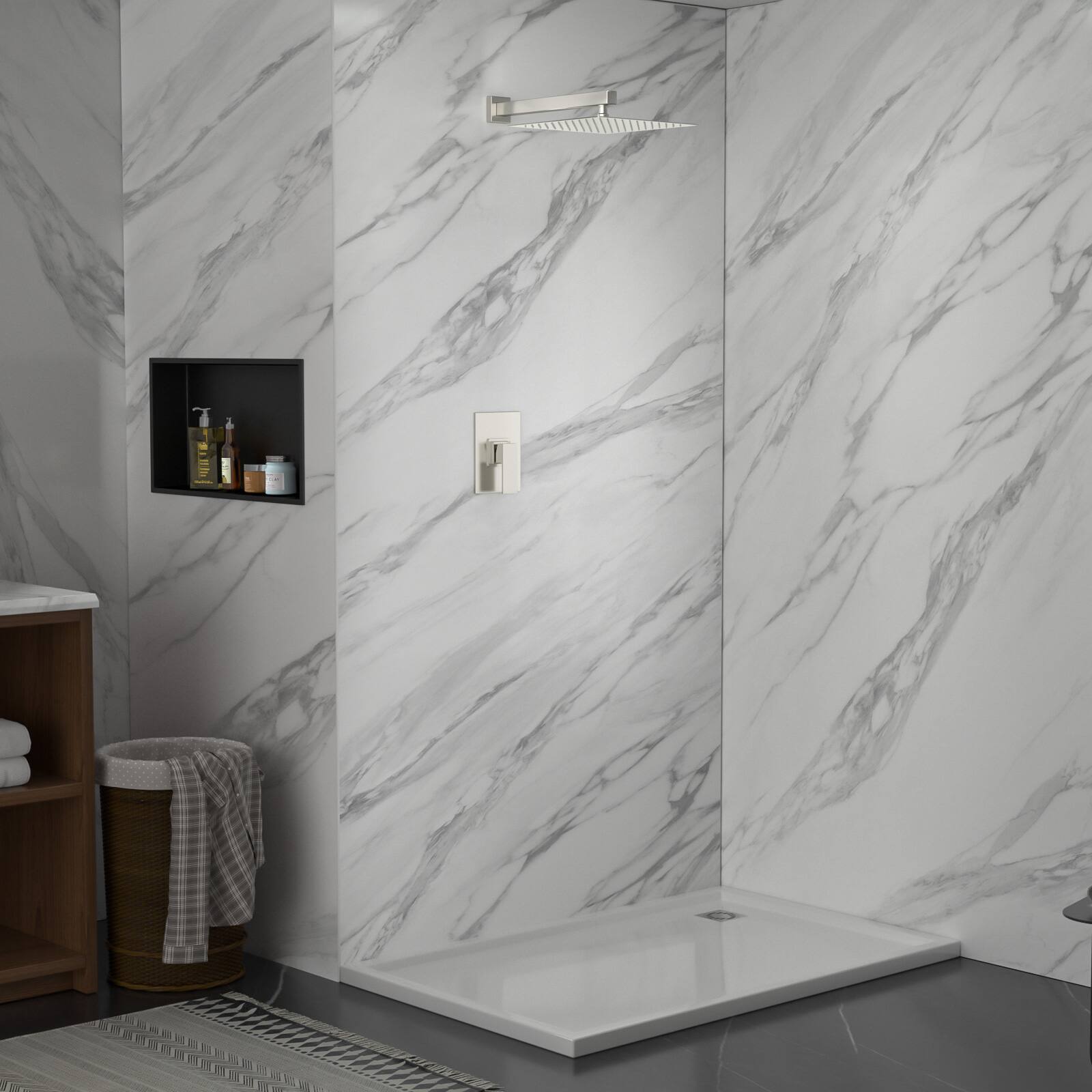 Left. Lordear - 10-Inch Square Rainfall Shower System with Pressure-Balancing Valve, Wall-Mounted in Brushed Nickel - Brushed Nickel.