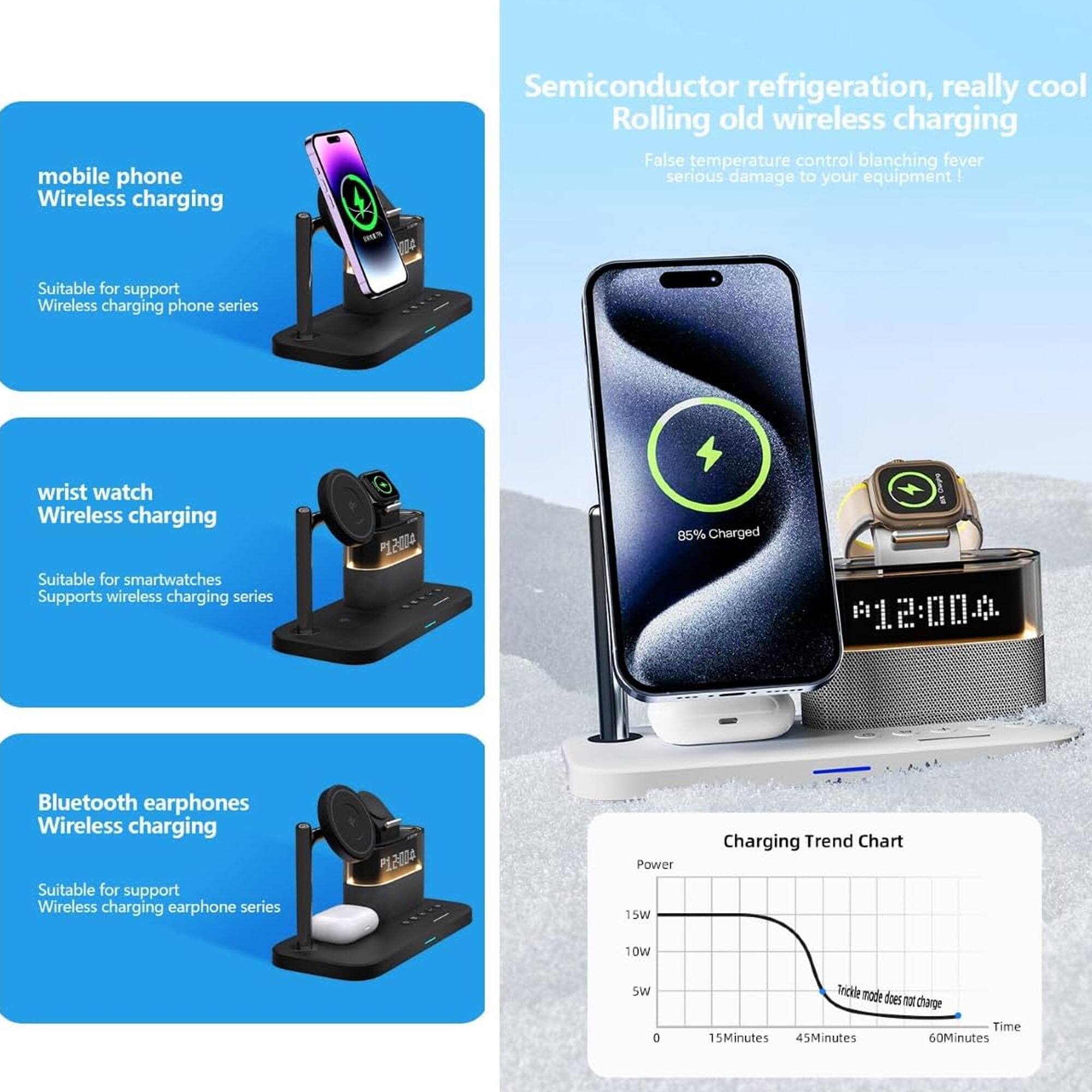 mobile phone Wireless charging  
Semiconductor refrigeration, really cool  
Rolling old wireless charging  
False temperature control blanching fever serious damage to your equipment!  

Suitable for support Wireless charging phone series  
wrist watch Wireless charging  
Suitable for smartwatches  
Supports wireless charging series  

Bluetooth earphones Wireless charging  
Suitable for support Wireless charging earphone series  

Charging Trend Chart  
Power  
15W  
10w  
5W  

Time  
15Minutes  
45Minutes  
60Minutes  

Trickle mode does not charge