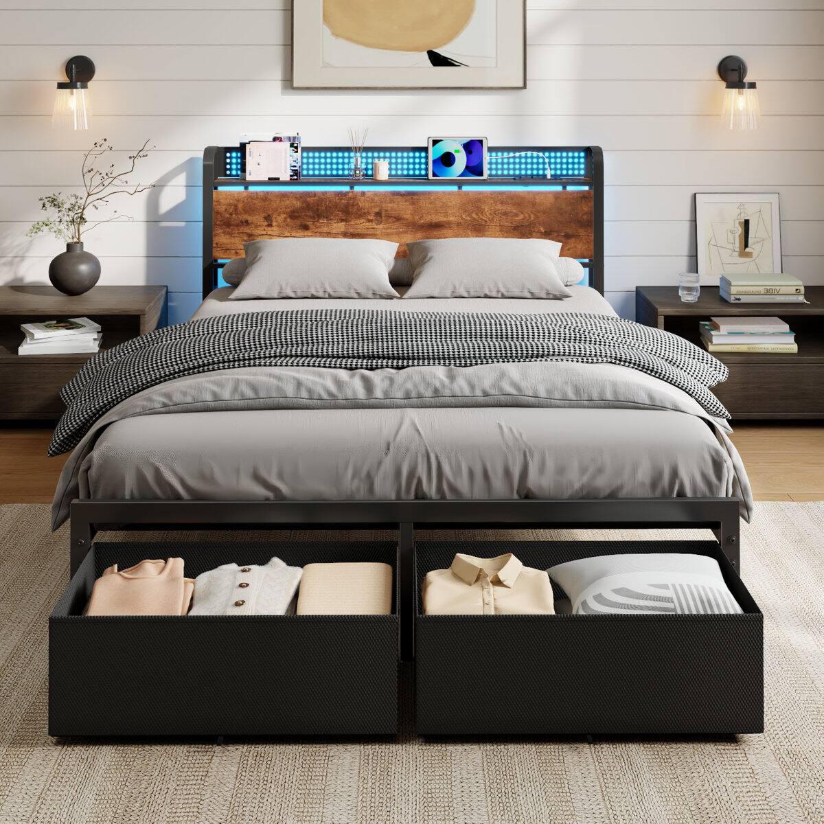 Alt View 1. Furnulem - Bed Frame with 2 Underbed Drawers and Open Storage Headboard RGB LED Light and Charging Station - Brown.