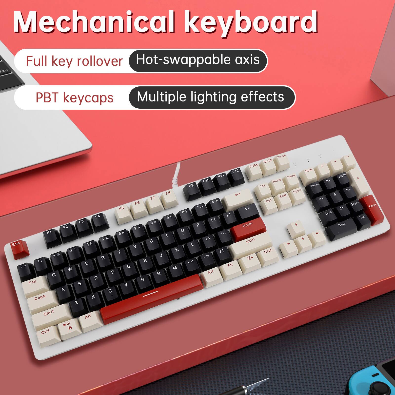 Mechanical keyboard  
Full key rollover  
Hot-swappable axis  
PBT keycaps  
Multiple lighting effects
