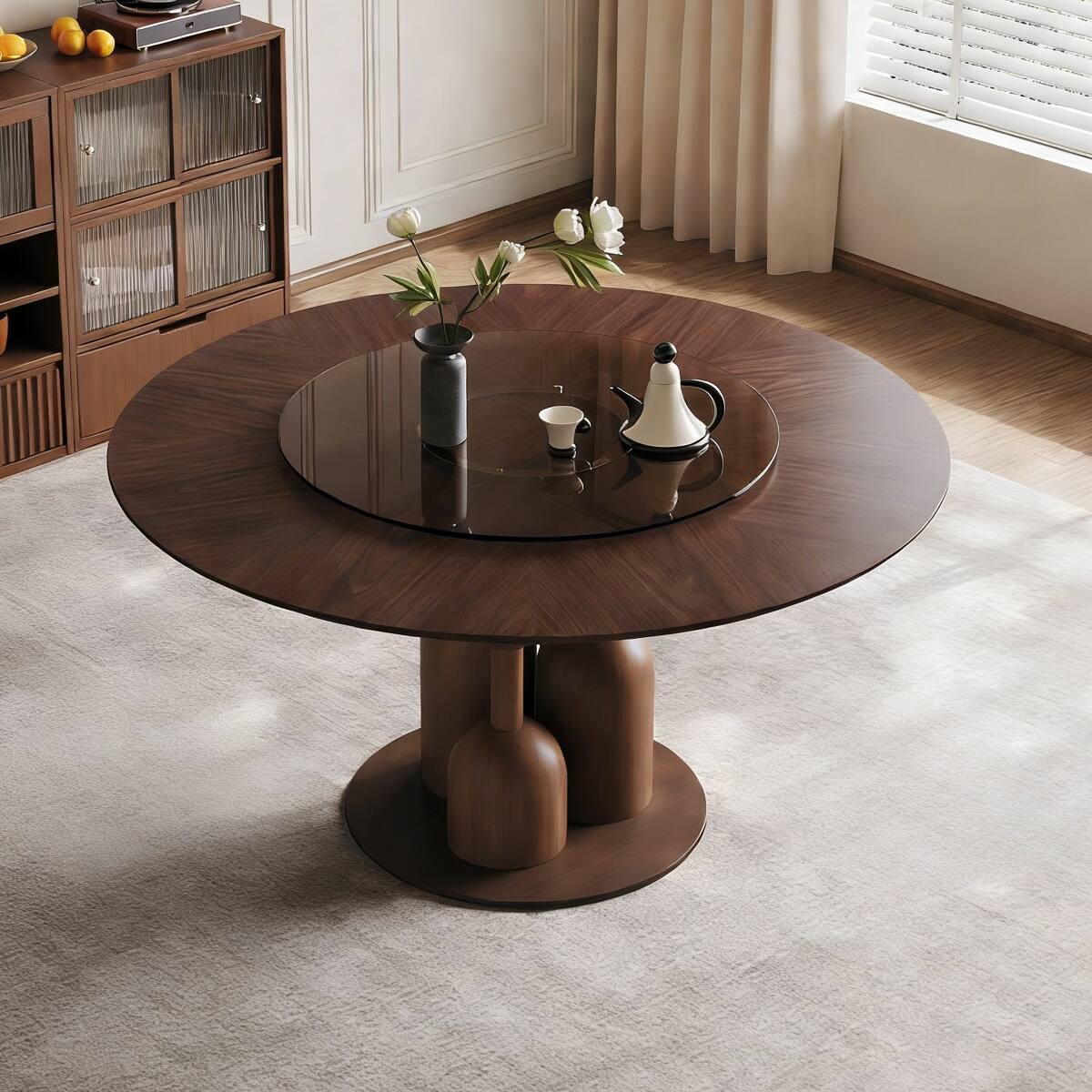 Loheer - 59 Inch Round Dining Table, Natural Oak with 35 Inch Tempered Glass Lazy Susan - Walnut