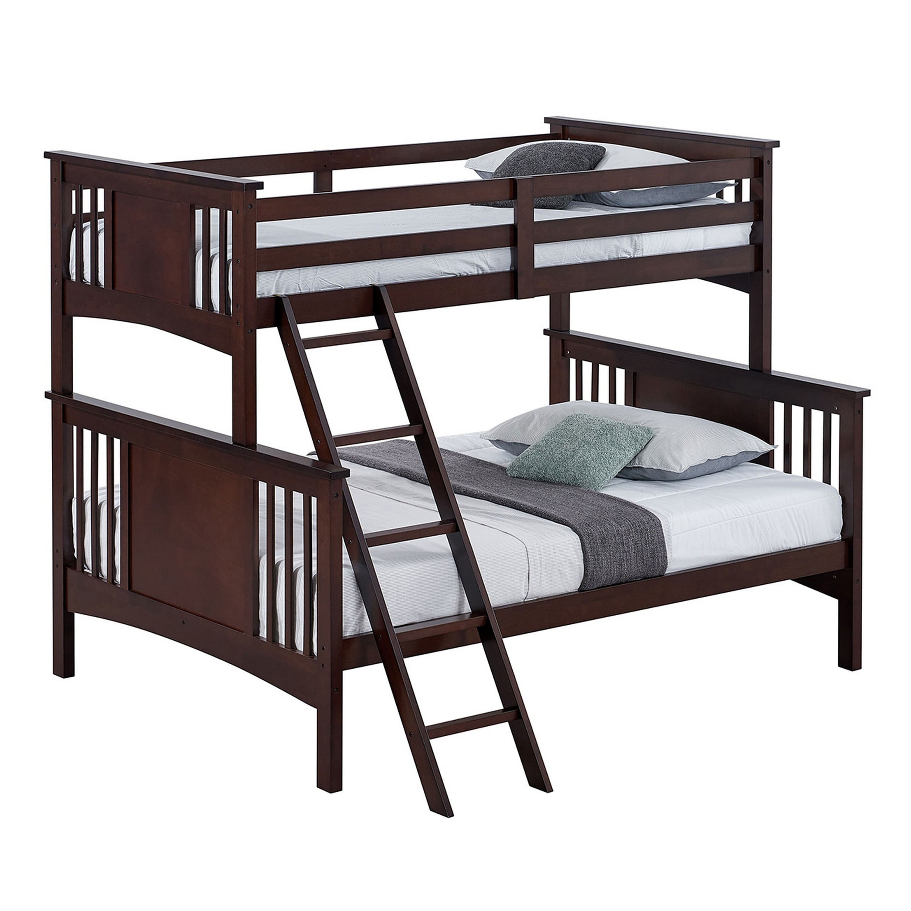 Manhattan Lane - Ricky Twin Over Full Bunk Bed, Angled Ladder, Dark Brown Solid Hardwood - Brown