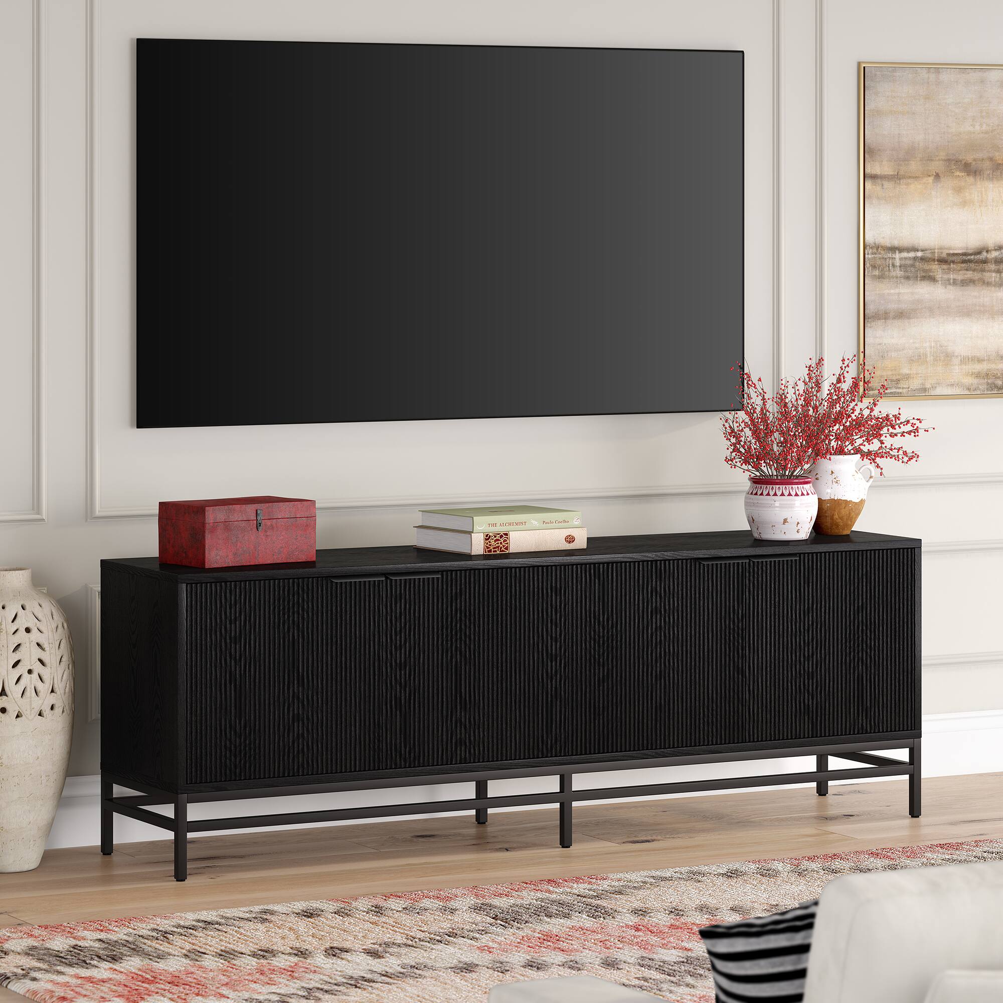 Alt View 3. Hudson&Canal - Montello Rectangular Fluted TV Stand for TV's up to 78" in Black Grain - Black Grain.
